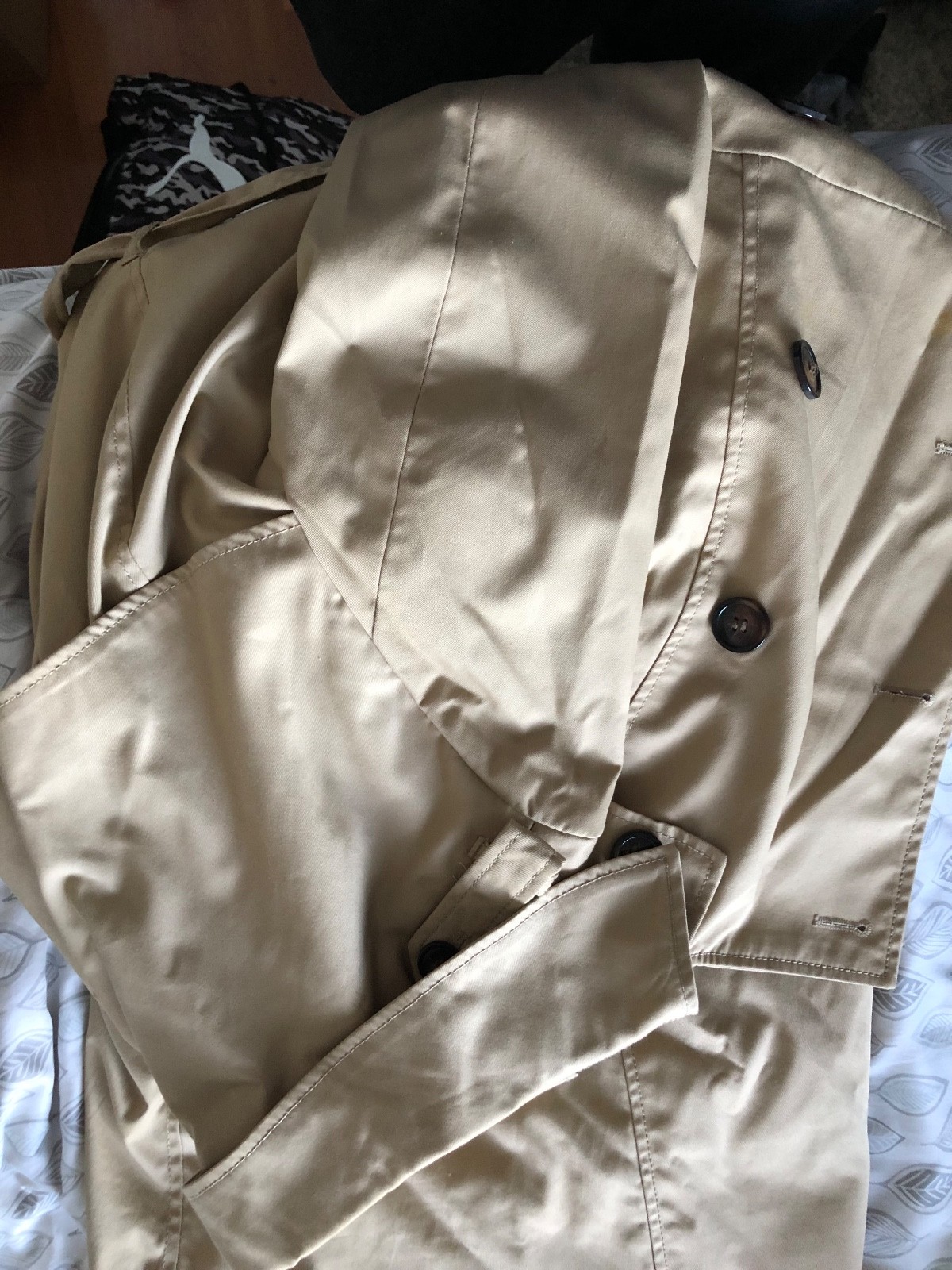 H&M Trench Coat Womens Size 12 Beige Cotton Stretch Pockets Collared Long Sleeve