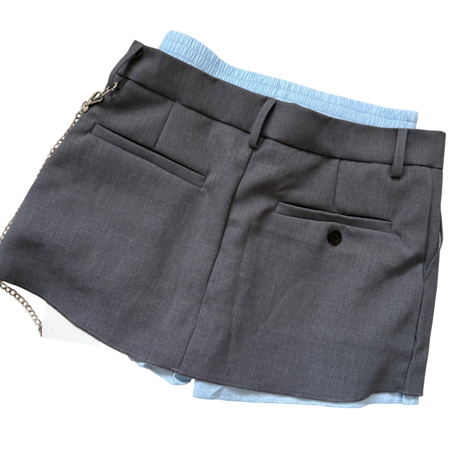Limaner Wang Inspired Layered Skort Grey Blue Pleated Mini Skirt with Chain S