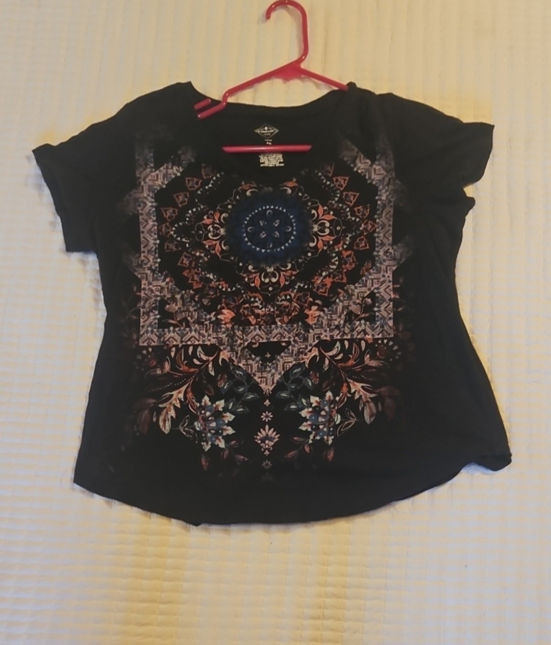 St. John’s Bay Black Short Sleeve Top with Multicolor Mandala Print