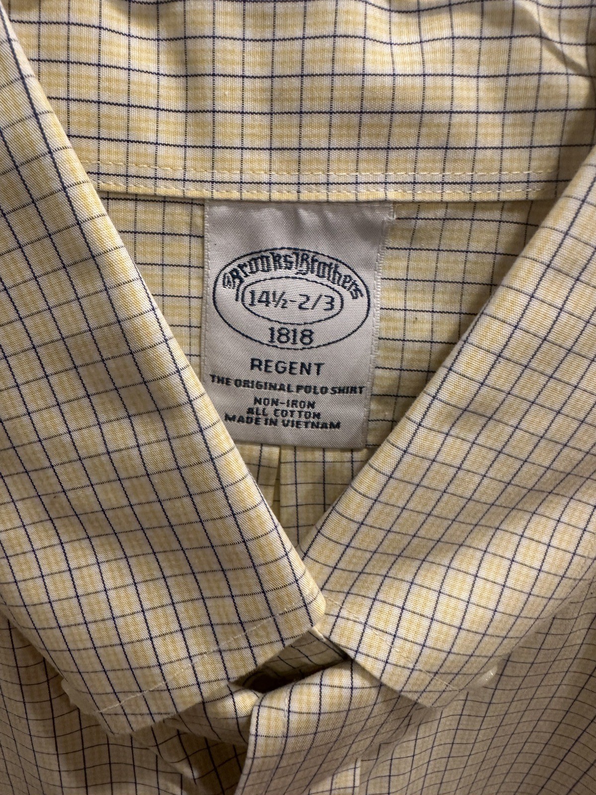 Brooks Brothers 1818 Regent Non Iron Dress Shirt 14.5 2/3 Yellow Check Cotton