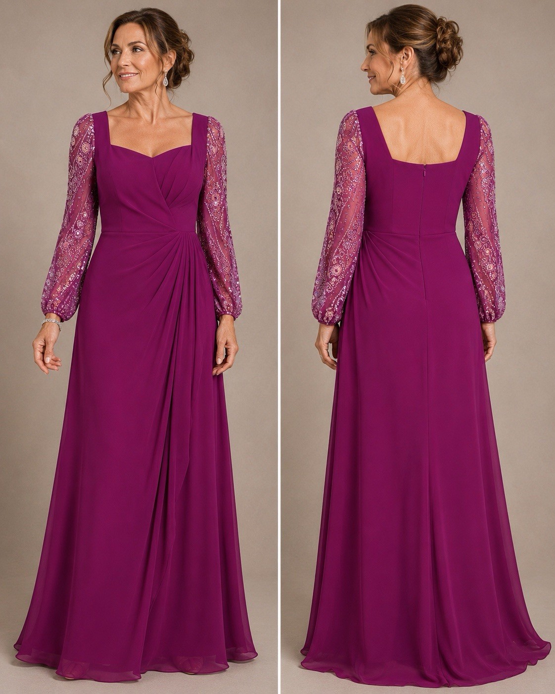 Da Vinci Purple Chiffon Bridesmaid Dress Long Sleeve Size 14 Style 55464
