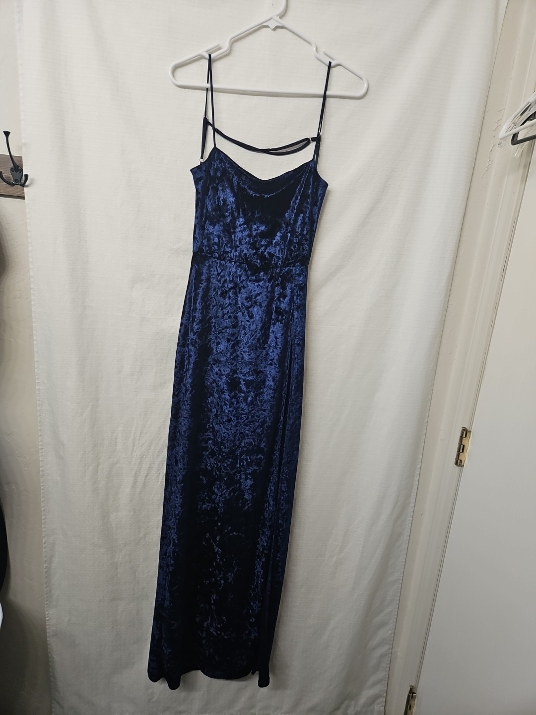 Womens Sz Lg Blue Crushed Velevet Maxi Dress High Slit Spaghetti Strap Stretch