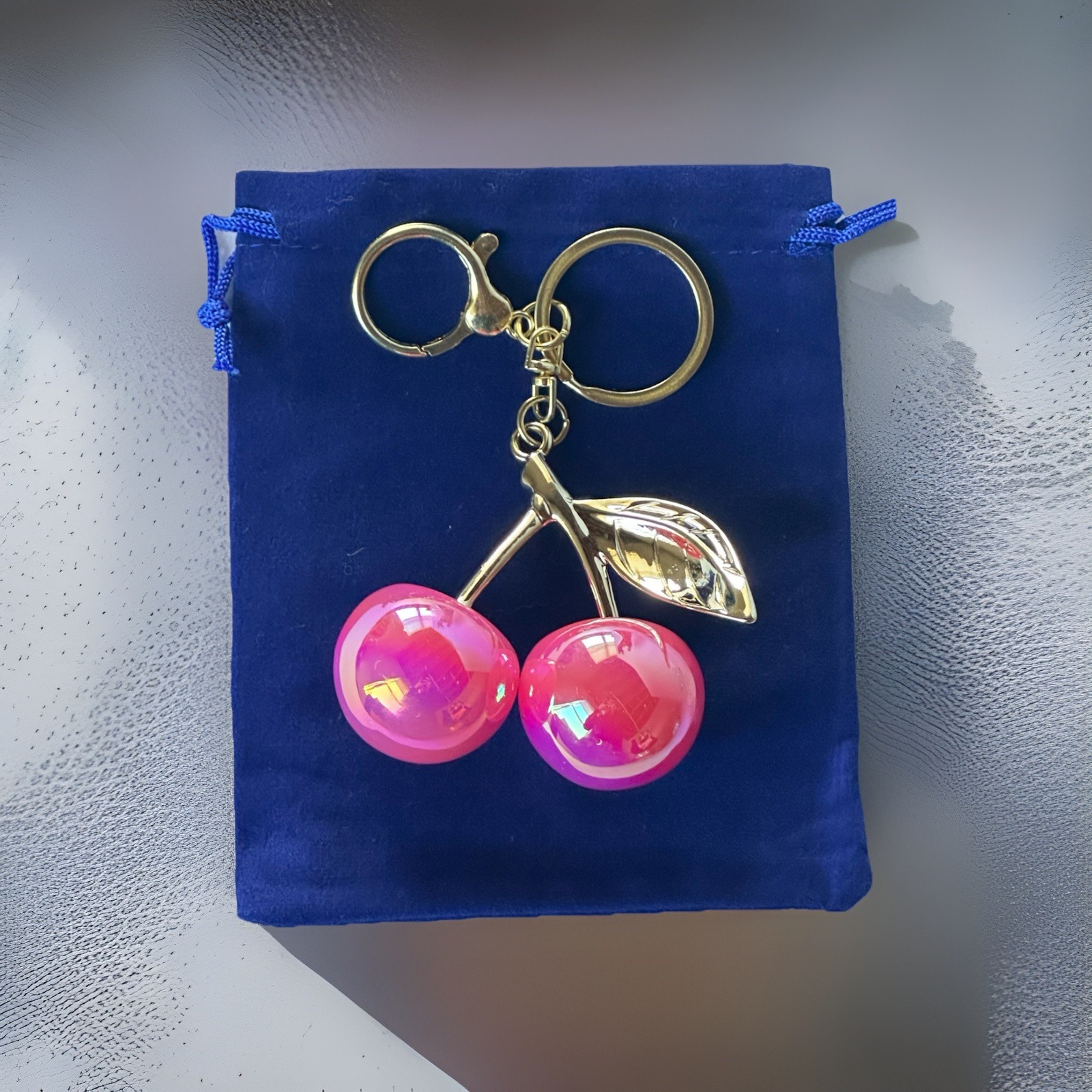 Iridescent Gloss Mirrored Cherry Bag Charms Keychain Gold + Velvet Dustbag