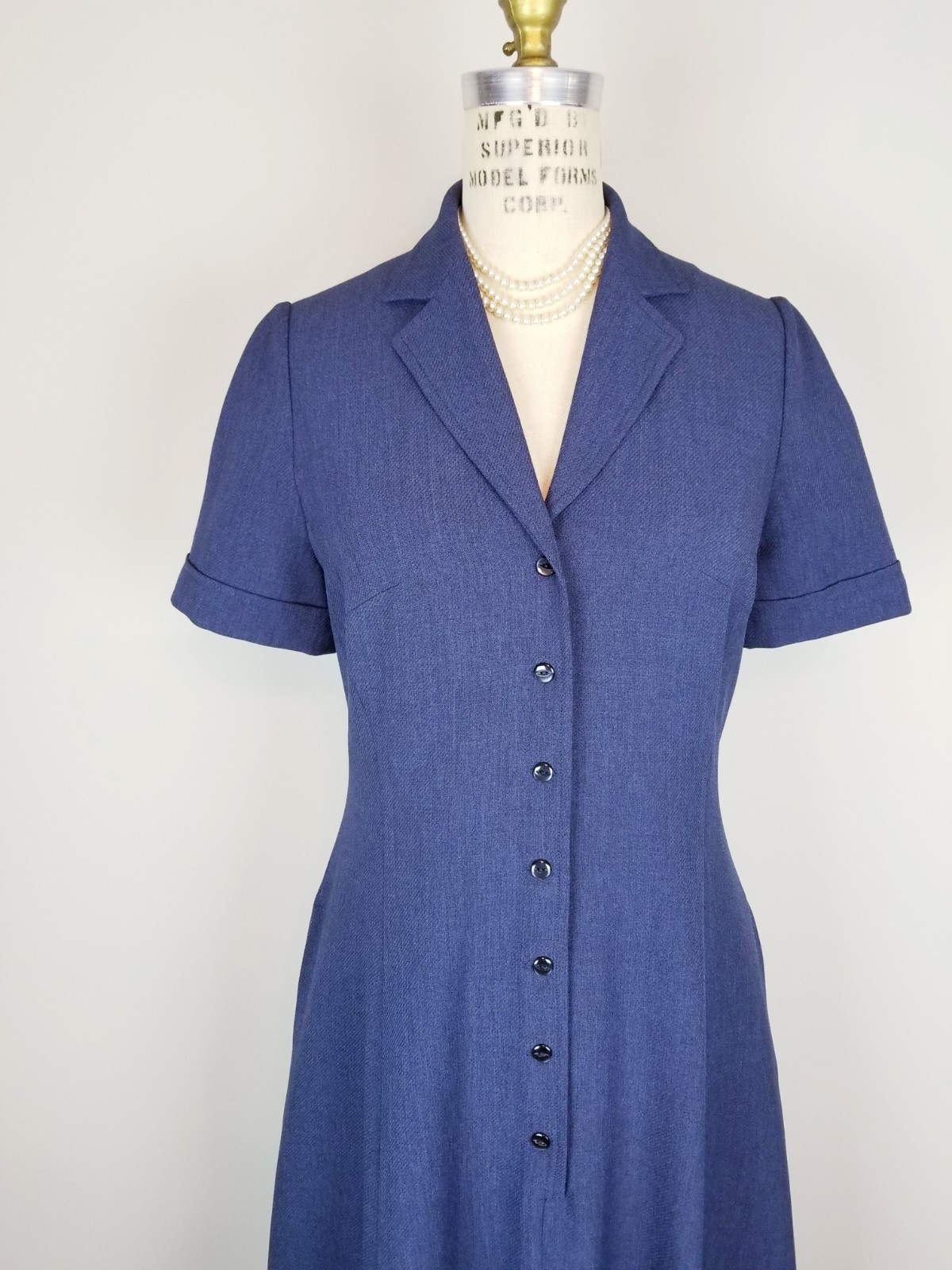 Deep Navy Blue Anne Klein Button Front A Line Midi Dress w/Pockets * Size 4