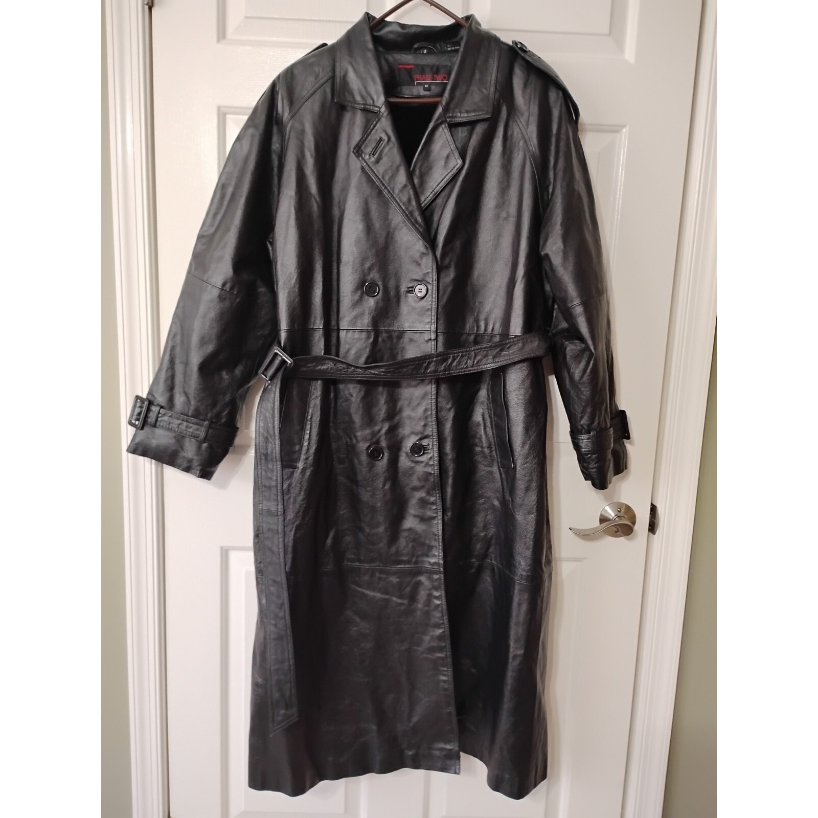 Vintage 90s Phase 2 Leather Trench Coat Lined Black Matrix Belted Goth Men’s LT