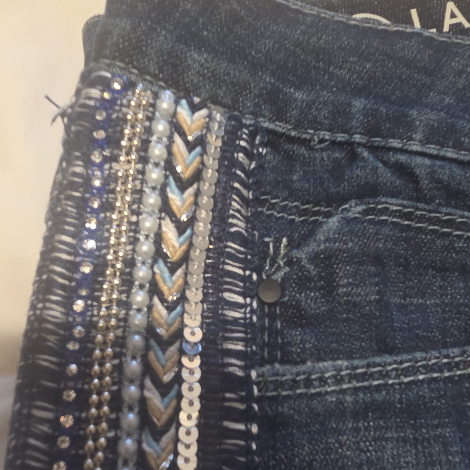 Laurie Felt Women’s Dark Wash Blue Denim Jeans Embellished Stripe Size 8