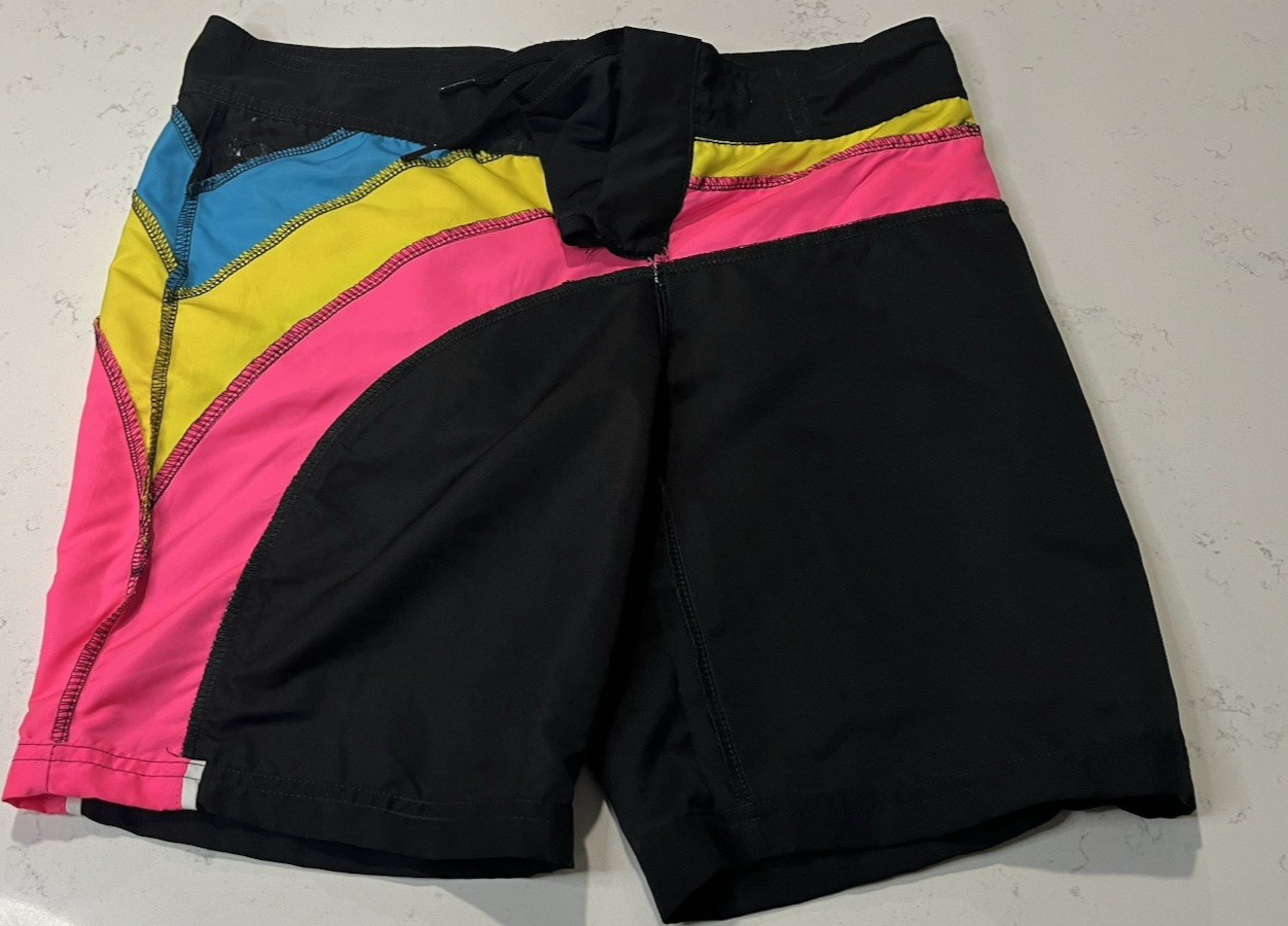 Vintage Ocean Pacific 90’s Board Shorts Black/Pink/Yellow/Blue -SIze S/Ch 3-5