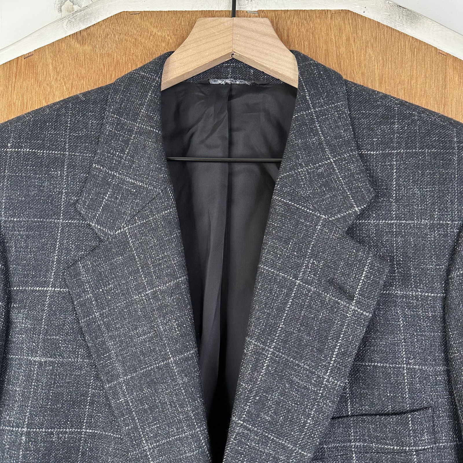 Majer Blazer Mens 44R Gray Windowpane 2 Button Silk Linen Wool Canvased Jacket