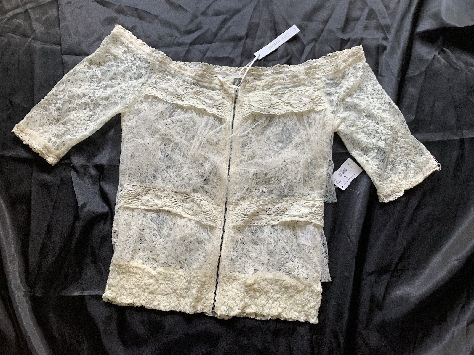 Goddess Wing ☀️ Blouse Top Women Woman Size Large Lace Off White Beige Zipper