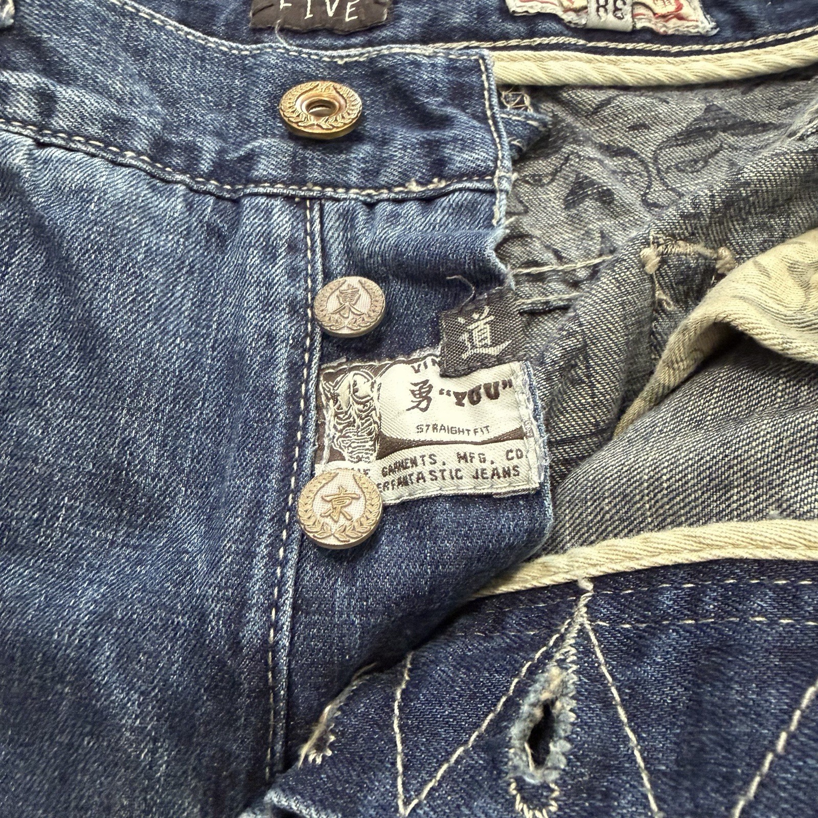 Tokyo Five The Way Jeans Mens 38×32 Blue Denim Whiskered Cotton Button Fly Pants
