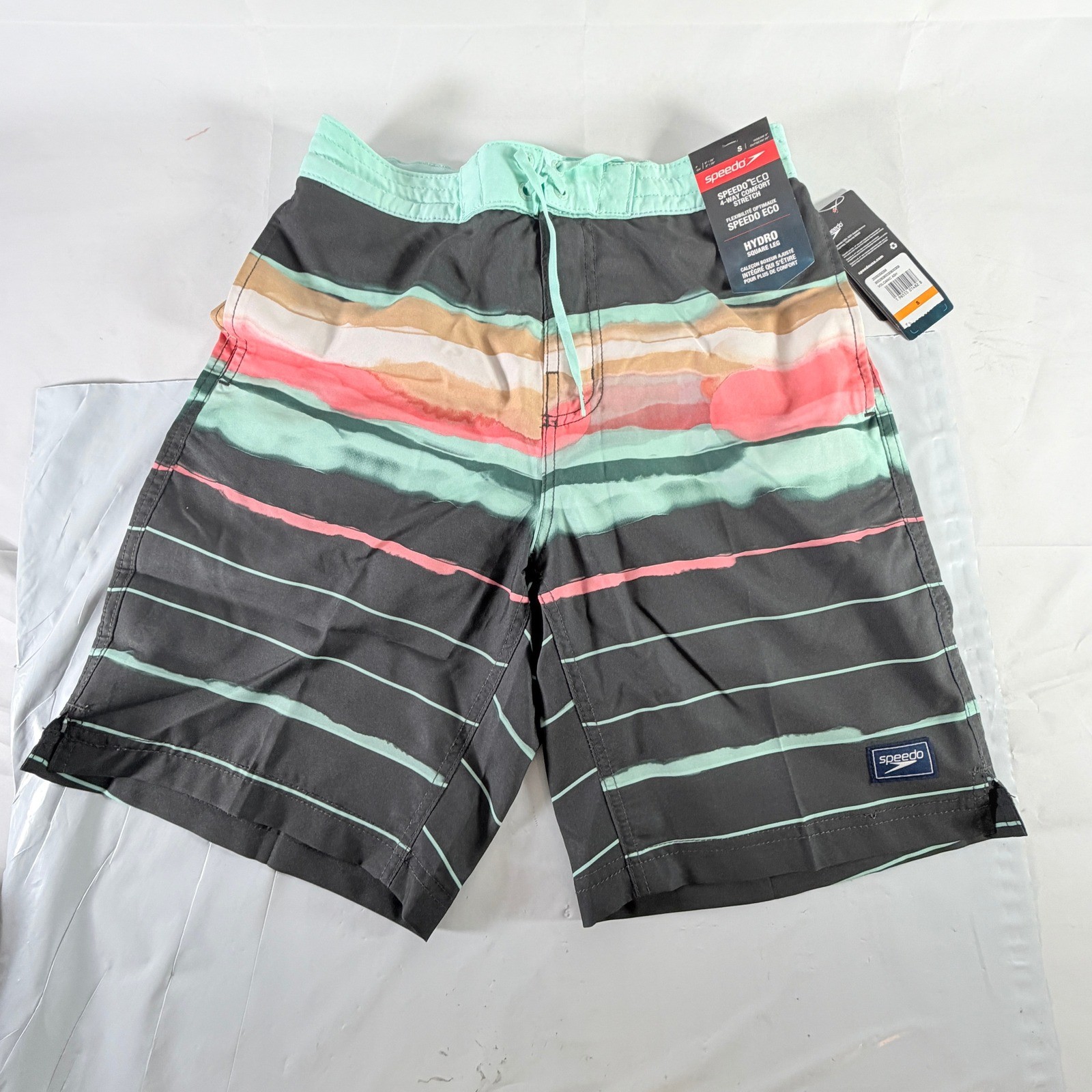 Speedo Eco Hydro Square Leg Swim Board Shorts Volcanic Ash Striped Small NWT
