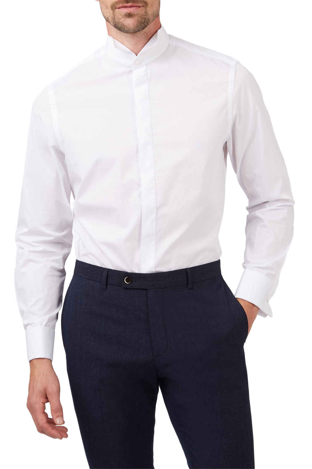 White Wing Dress Shirt Wingtip Cotton Covered Buttons Formal Double Cuff Poplin