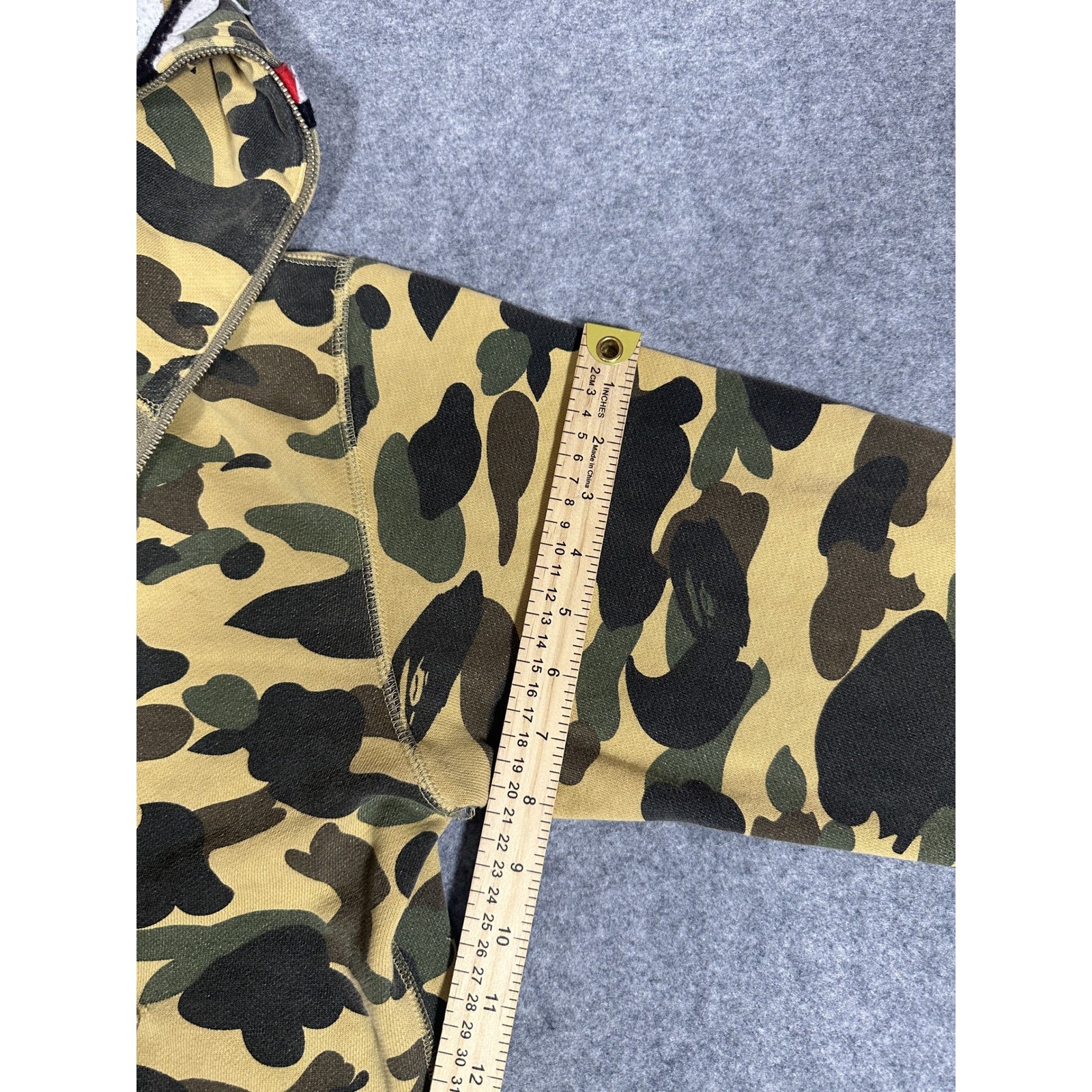 A Bathing Ape Shark Full-Zip Hoodie Medium Yellow Camo Cotton Frayed Hem