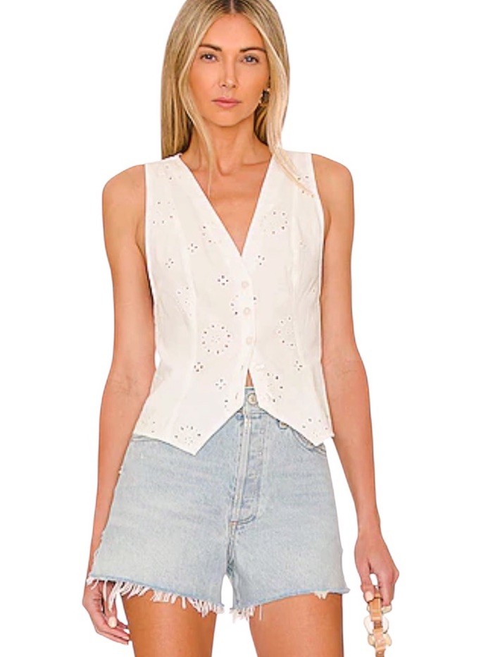 Free People White Eyelet Vest Corset Lace Up Boho Summer Coastal Cowgirl Size S