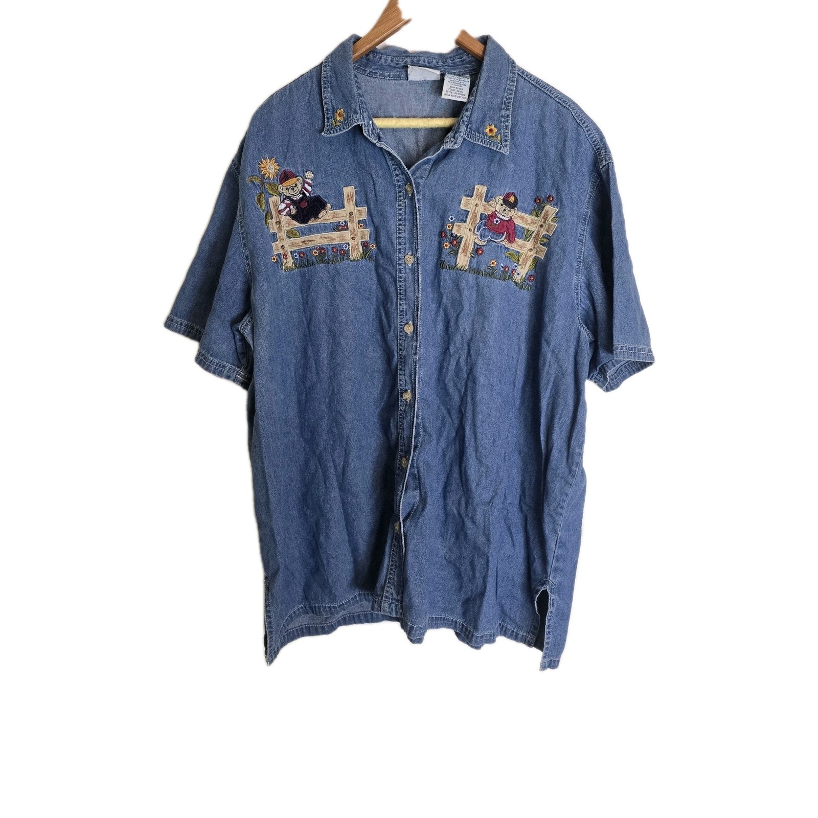 Vintage Bobbie Brooks Denim Top Plus Size 24W Embroidered Teddy Bear Button Up