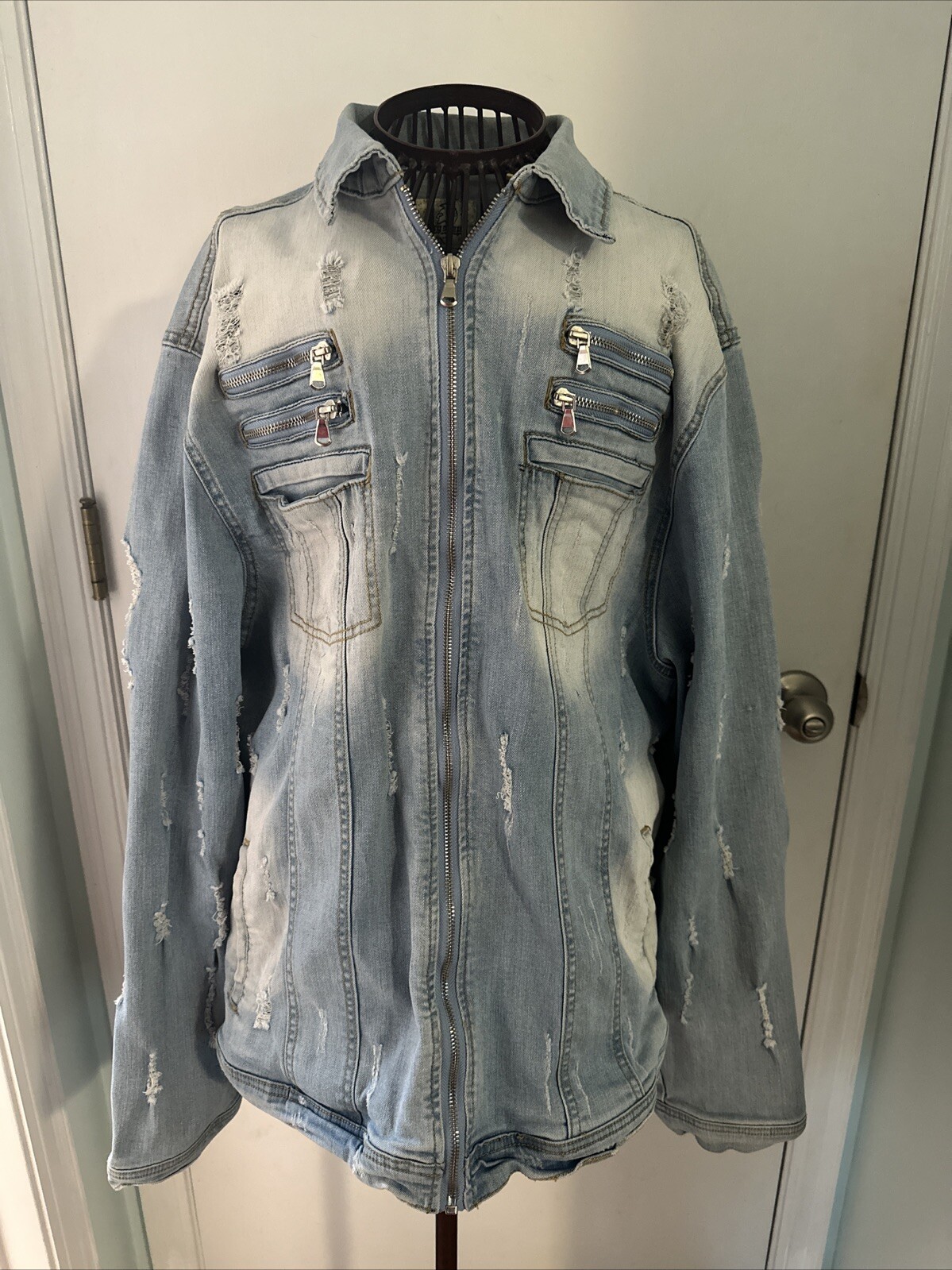 argonauts nation 2XL lightweight blue distressed zippers jean jacket
