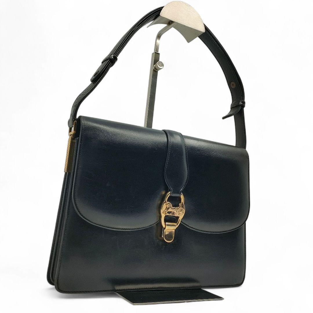 CELINE Black Leather Horse Carriage Shoulder Bag Gold Hardware Auth