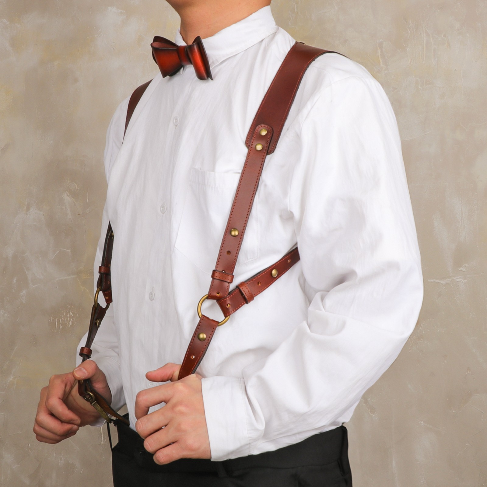 Tourbon Leather Men’s Suspenders Harness Punk Chest Vintage Hooks Pants Braces
