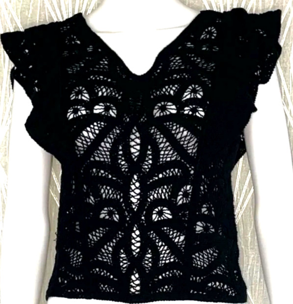 White House Black Market Black Crochet V-Neck Crop Top sz.LP $89 New