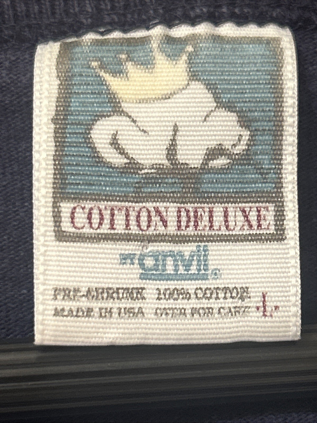 Vtg Mens Henley Size Large Cotton Deluxe Anvil 100% Cotton Navy Blue Duck Logo