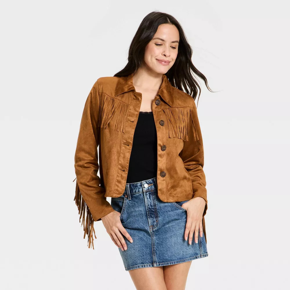 Women Western Fringe Faux Suede Fashion Jacket – Universal Thread Brown XL