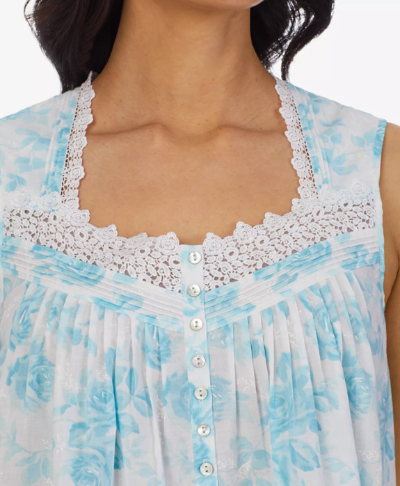 EILEEN WEST E5325037 AQUA ROSE SLEEVELESS COTTON LAWN CHEMISE NIGHTGOWN ~ MEDIUM