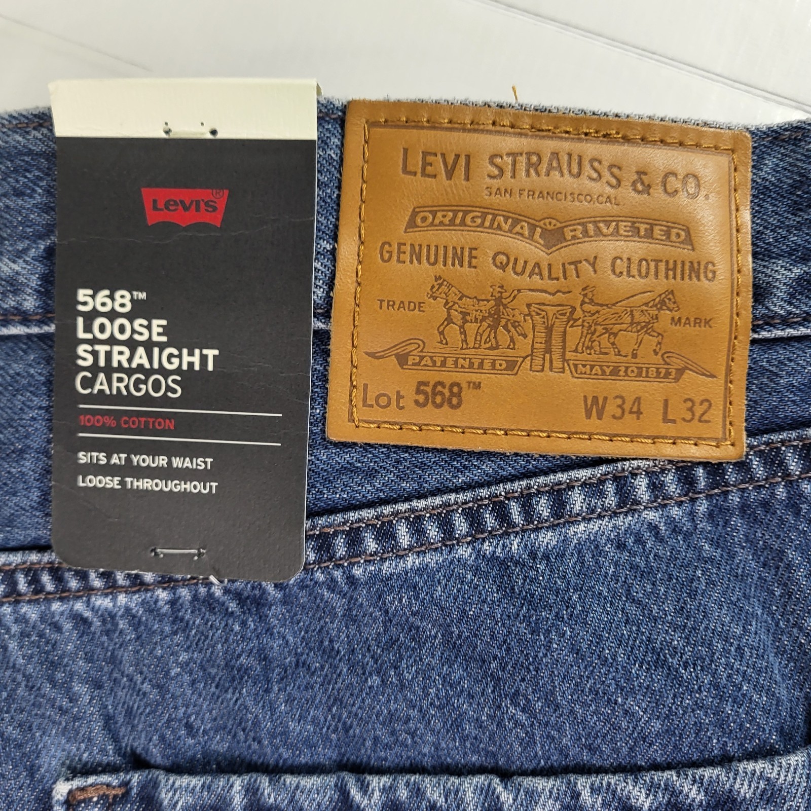 Levis Premium 568 Cargo Jeans 34×32 Men’s Loose Straight Blue New With Tags
