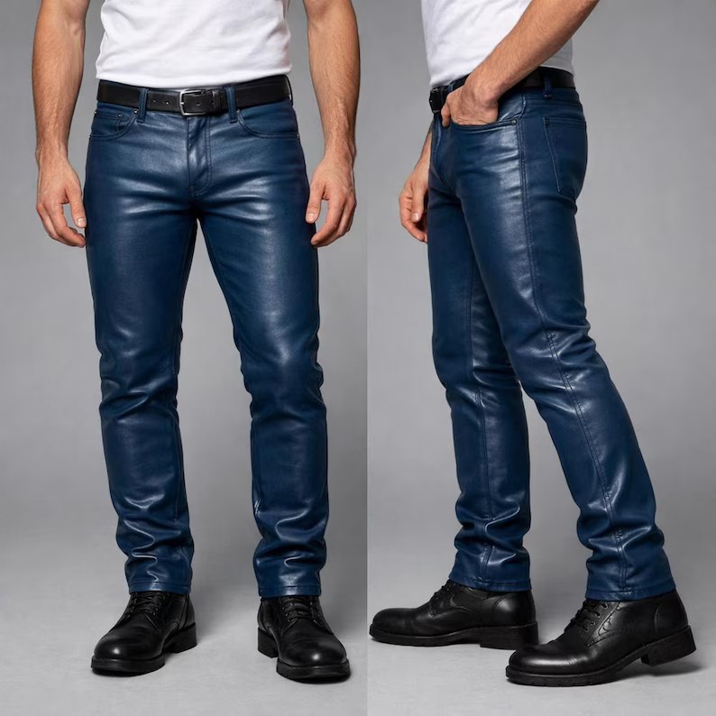 Men’s Dark Blue Genuine Lambskin Leather Biker Pants Slim Fit Motorcycle Trouser