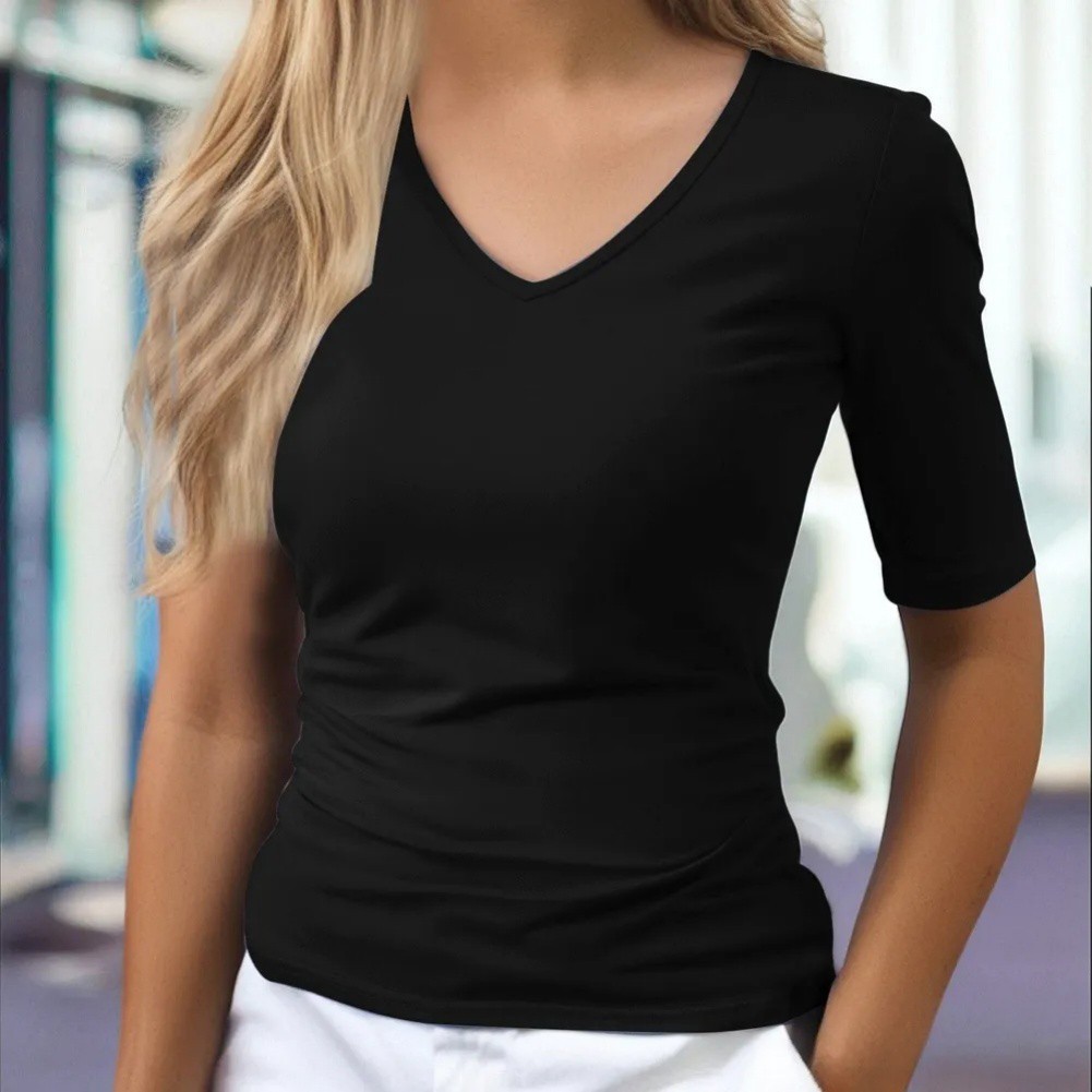 Women Slim-Fit Solid V-Neck Mid-Sleeve T-Shirt Polyester Spandex Blend