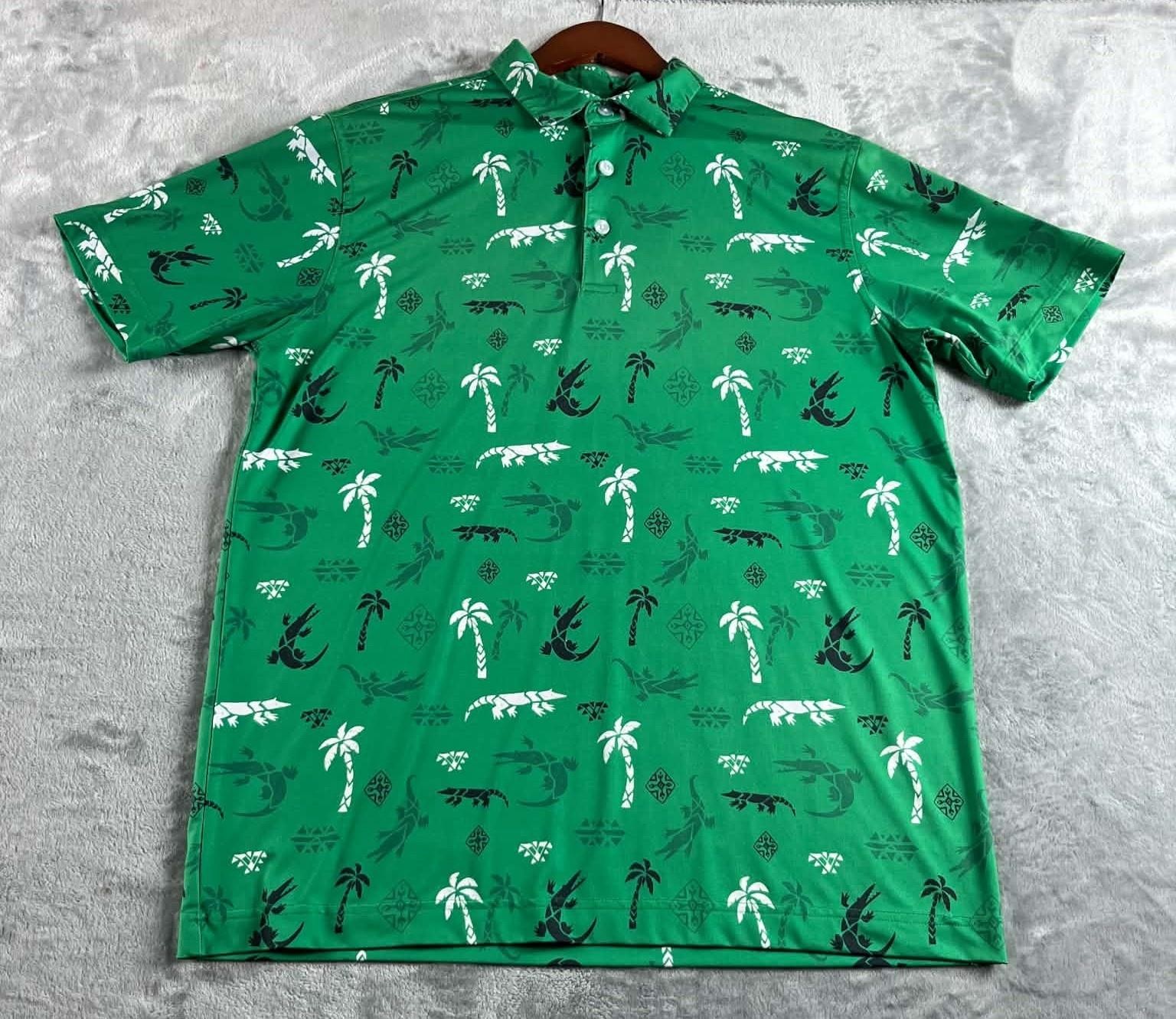 Waggle Polo Shirt Mens Large Green Tropical Gator Golf Performance Stretch READ