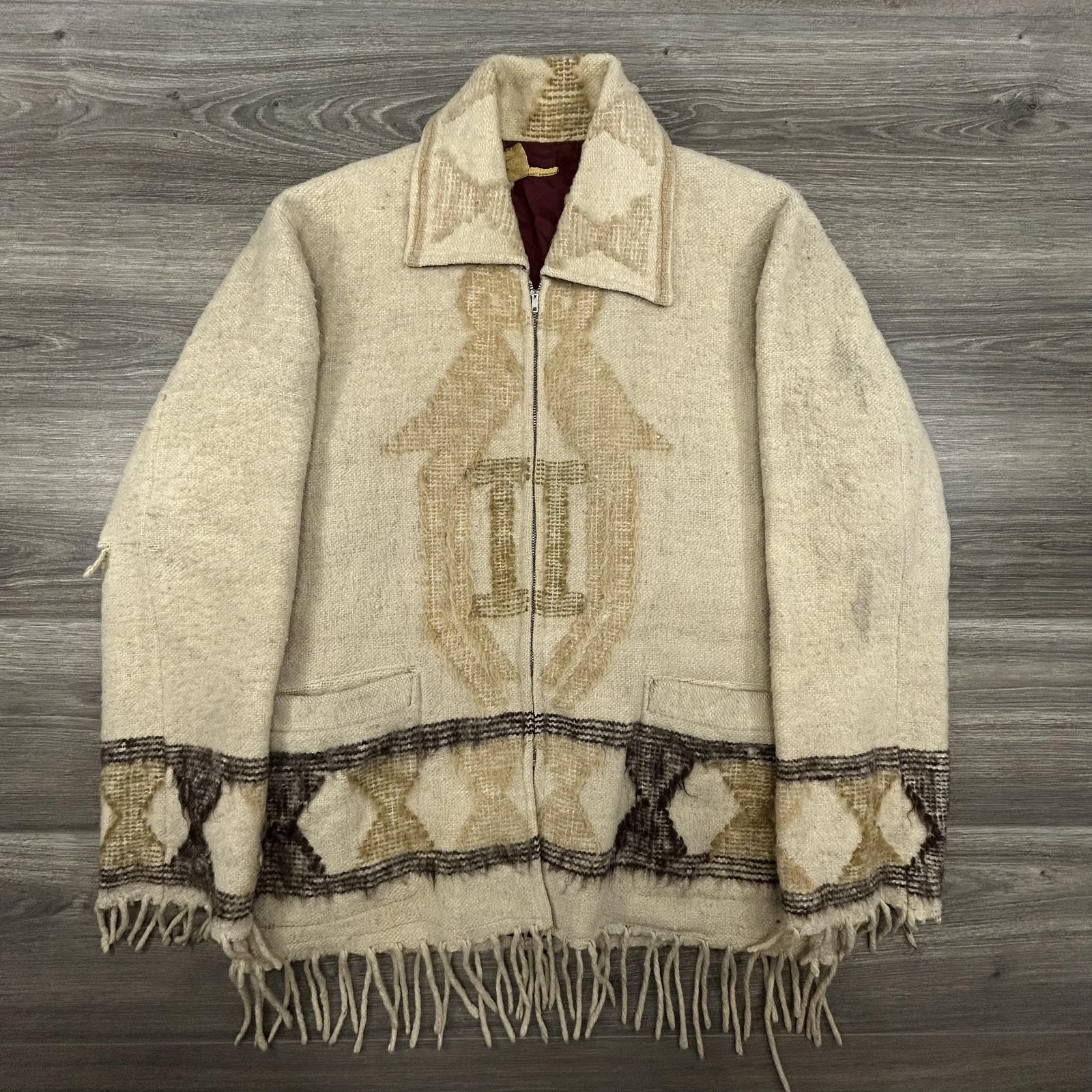 True Vintage 40s Native American Jacket Mens Medium Wool Navajo Aztec Fringe