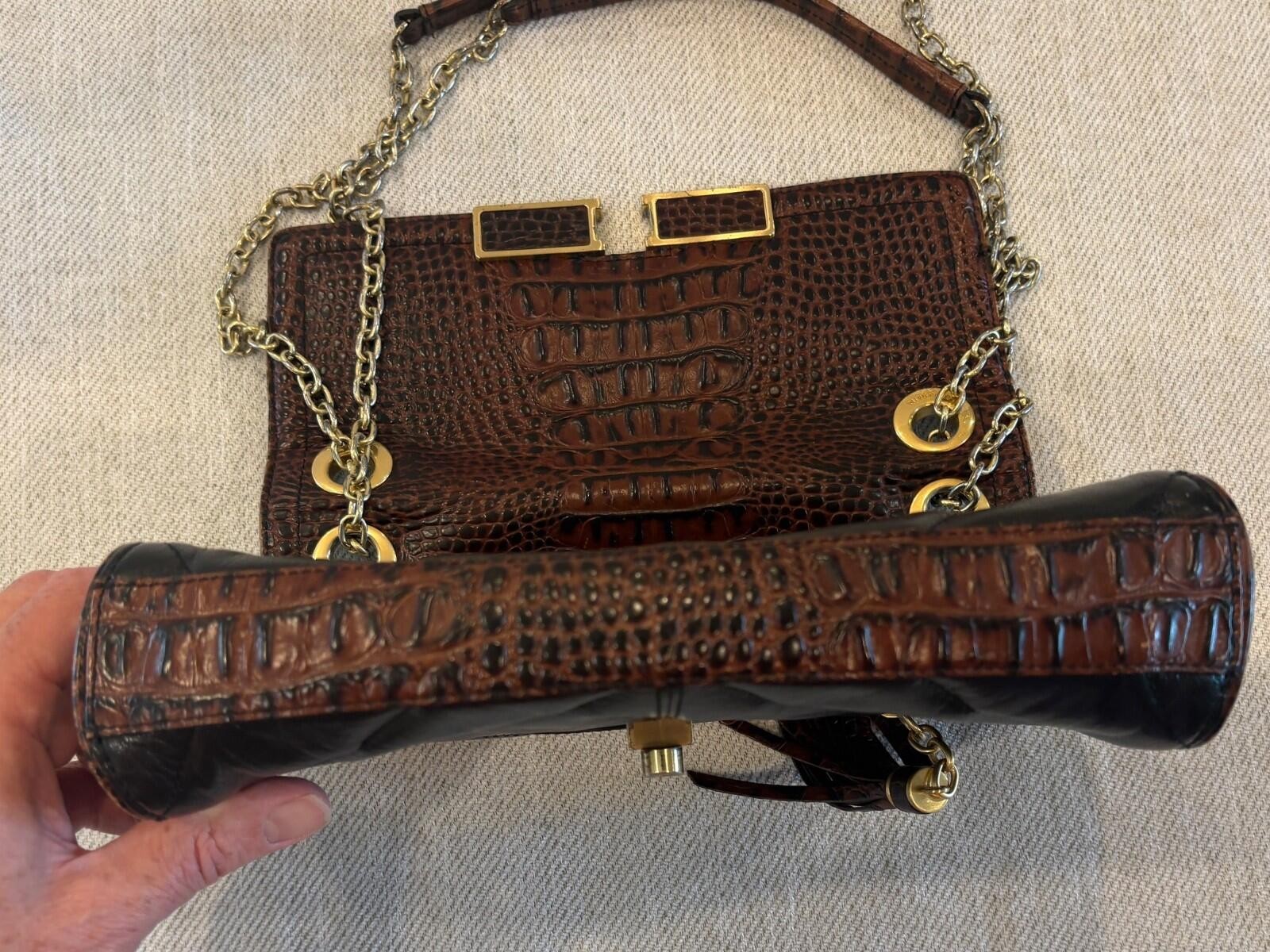 Brahmin Harrison Mixed-Media Shoulder Bag – Pecan Melbourne Croc-Embossed Leathe