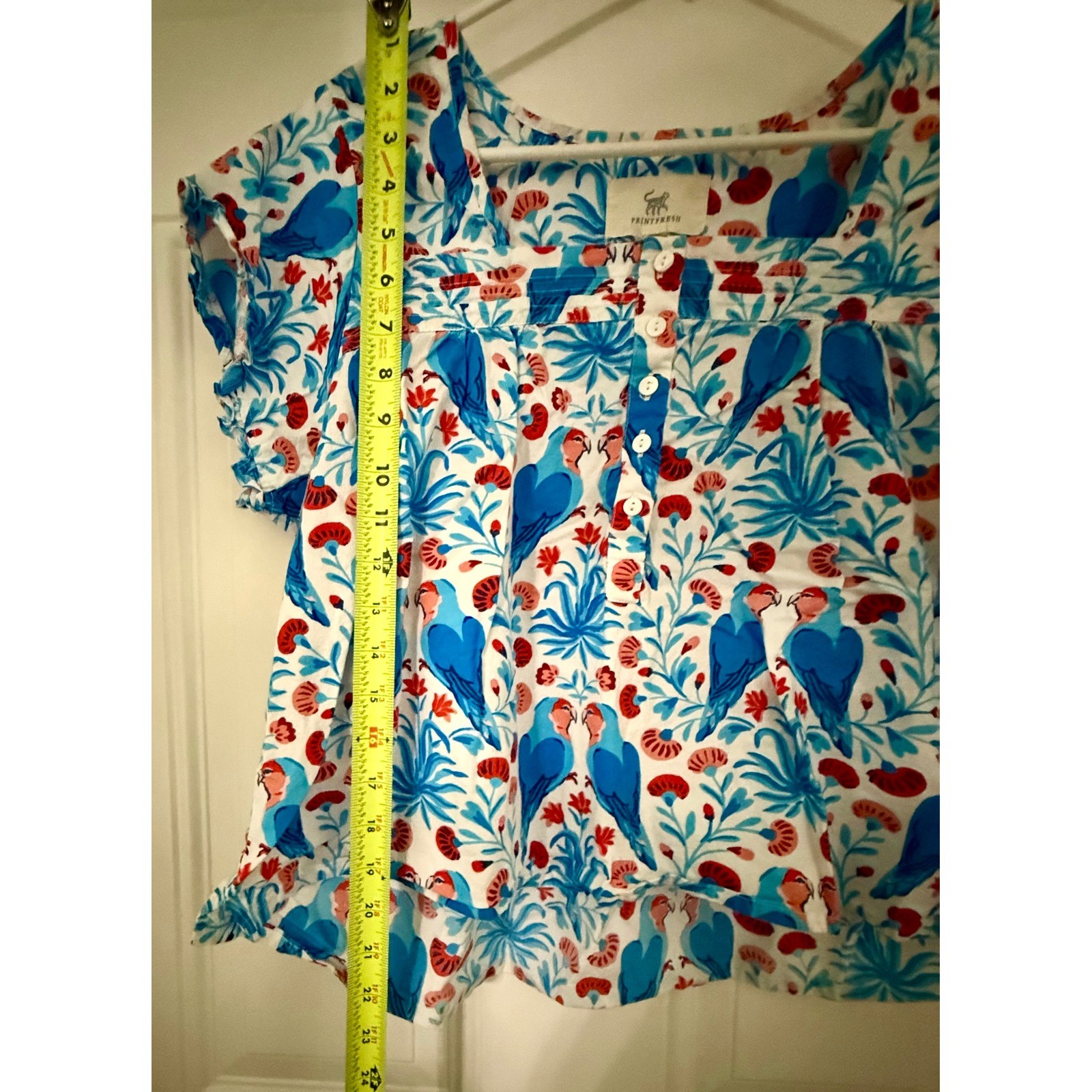 Printfresh Parrot Print Top Large Excellent Blue Tropical Floral Button Front