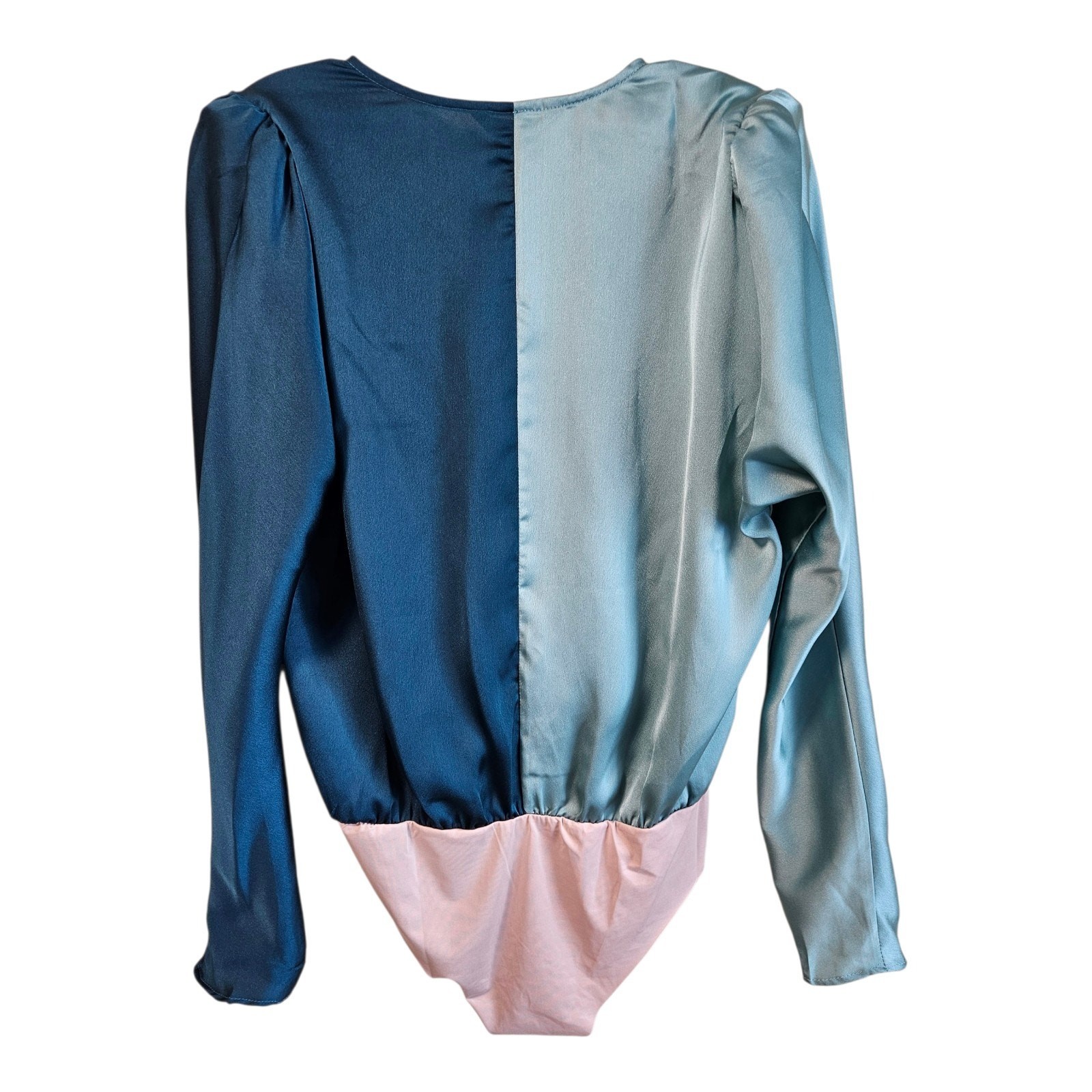 STRUT & BOLT Women S Blouse Bodysuit Satin Jade Dark Teal Puff Shoulder 46″ NEW