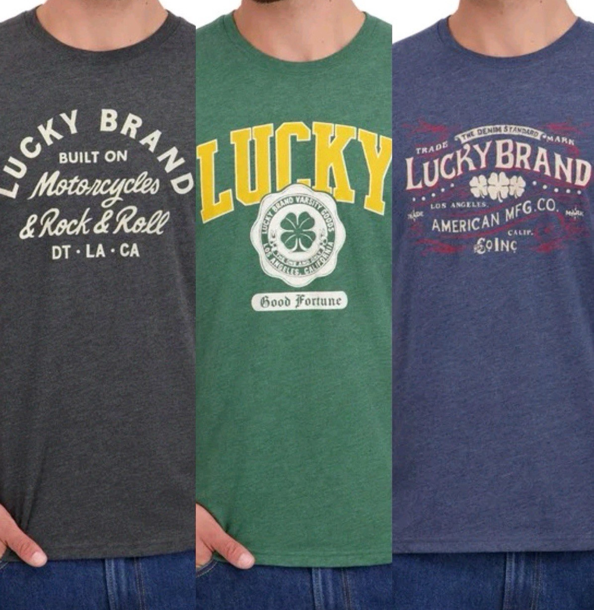 Lucky Brand Men’s LARGE Or XL Lot of 3 Graphic Tees in 3 Colors NWT