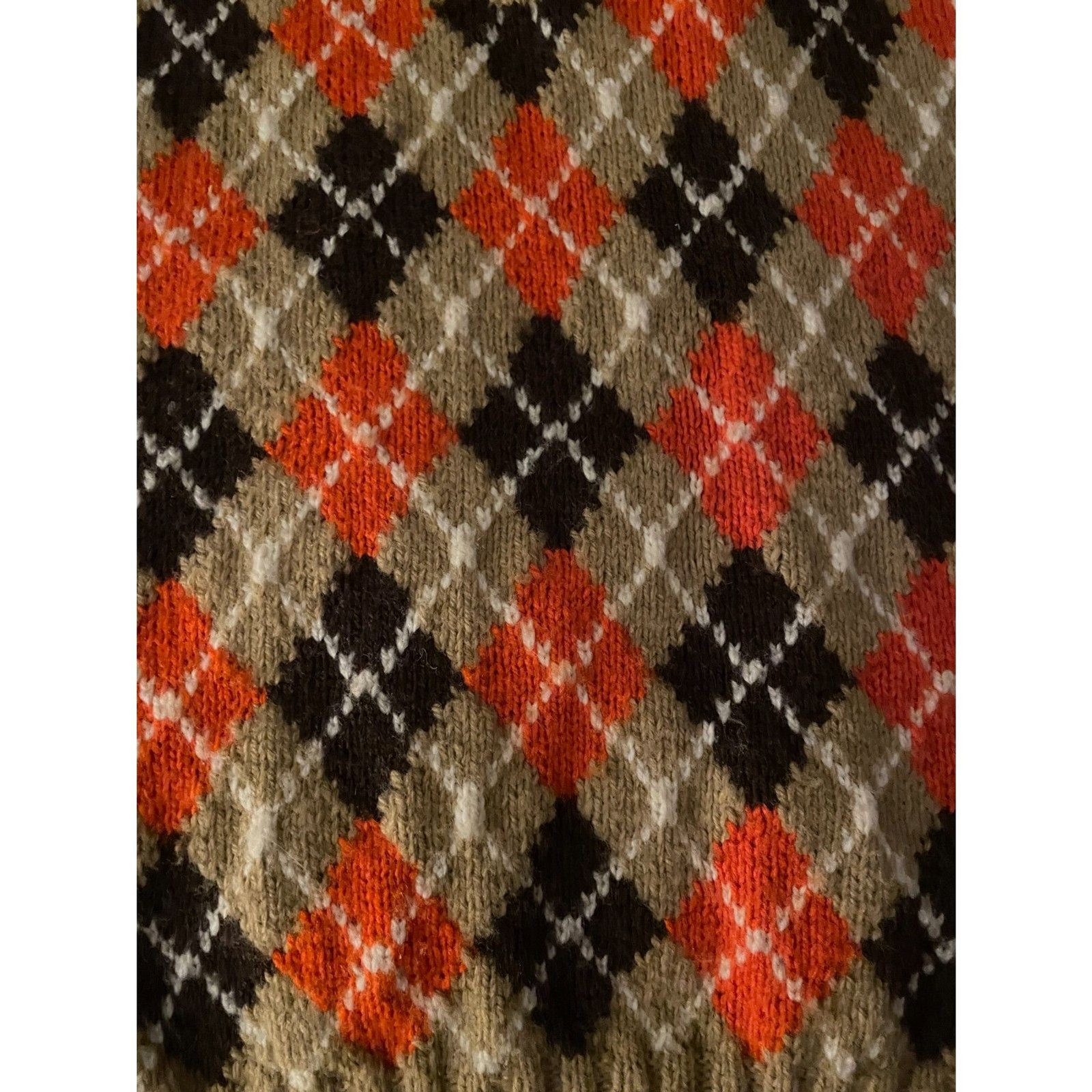 Vintage Handmade Wool Blend Argyle Grandpa Sweater Vest Tan Orange Black L