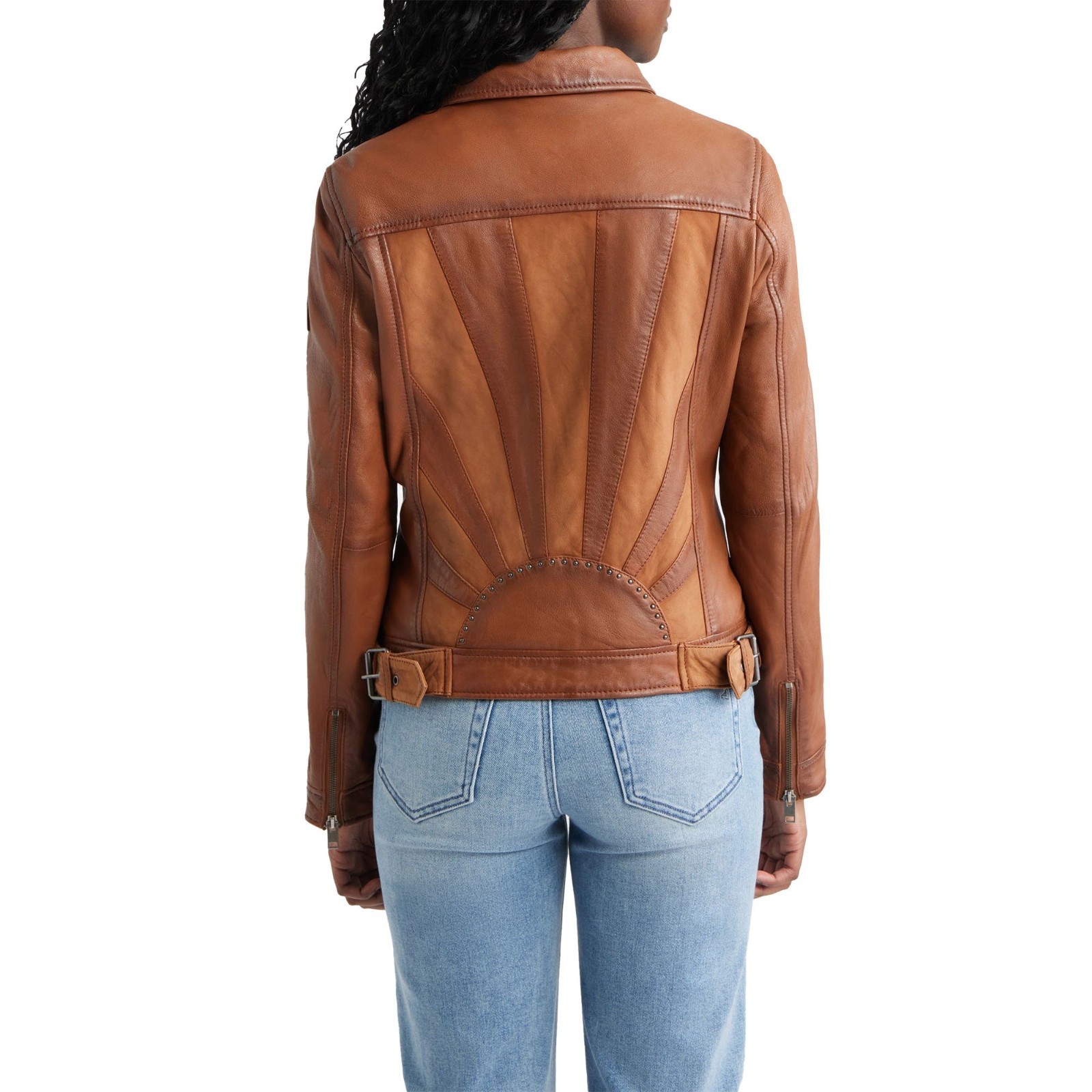 Women’s Real Leather Jacket Classic Tan Brown Studded Collar Zip Up Casual Coat