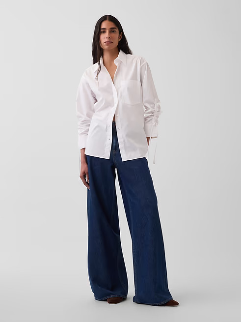 NEW – GAP, Organic Cotton Poplin Oversized Ruched-Sleeve Shirt – SALE OFF