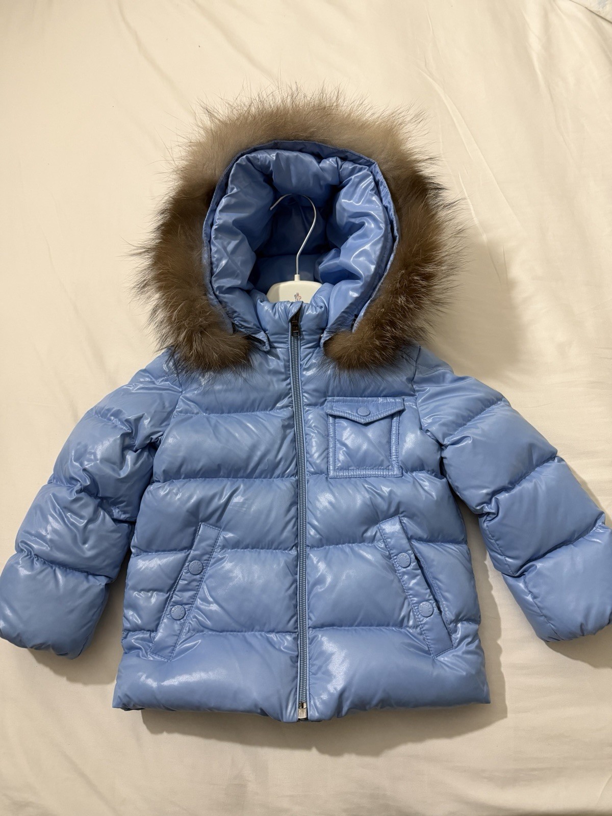 Moncler Unisex Kids 2T Blue Hooded Puffer Jacket Faux Fur Trim Full Zip