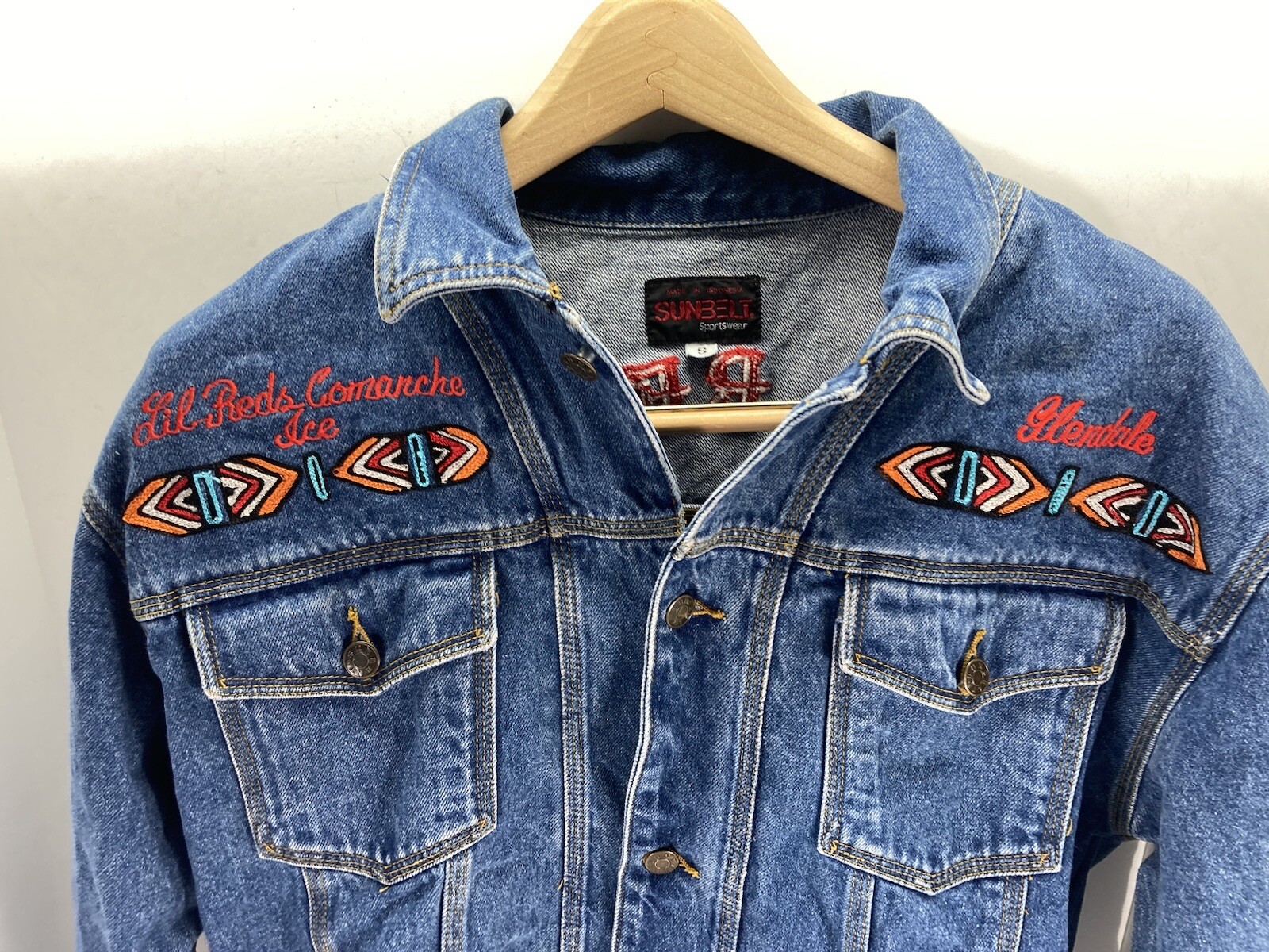 Comanche Chief Denim Trucker Jacket Men Size Small Embroidered Button VTG Unique