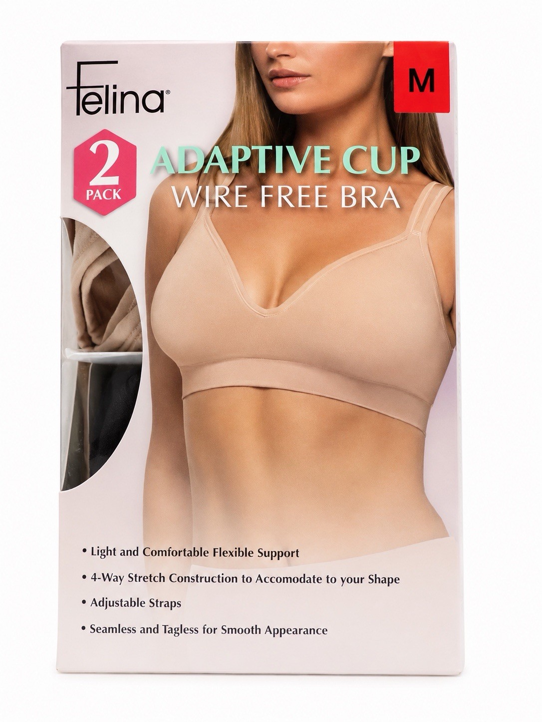 Felina Women’s 2-Pack Adaptive Cup Wire Free Bra, Black/Beige, Size M