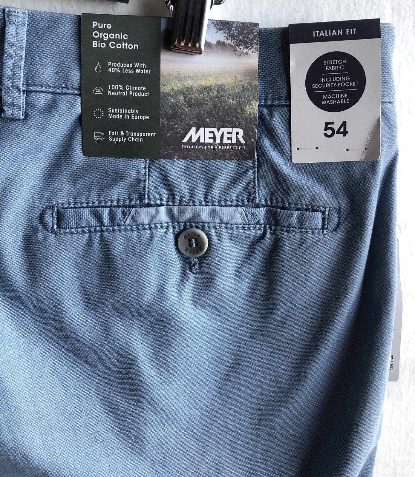 Meyer NWT Chinos / Casual Pants Size 54EU 38US Tokyo In Solid Blue Cotton Blend