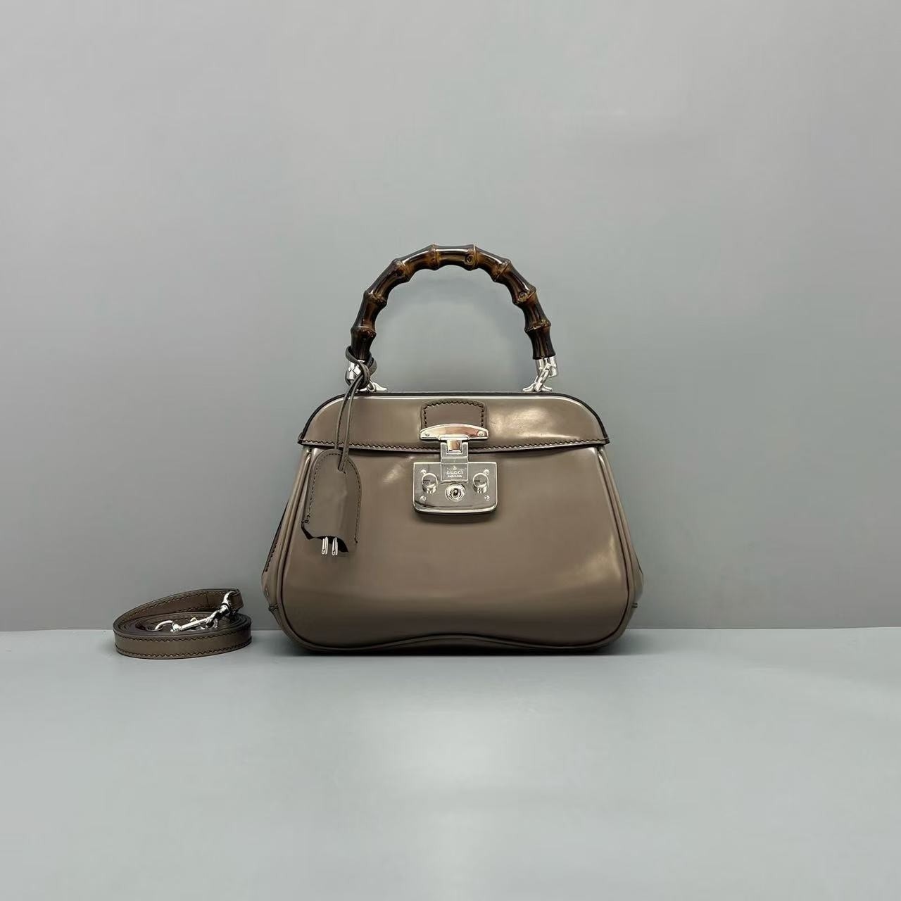 Gucci Lady Lock Taupe Grey Small Leather Bamboo Handle Top Handle Bag