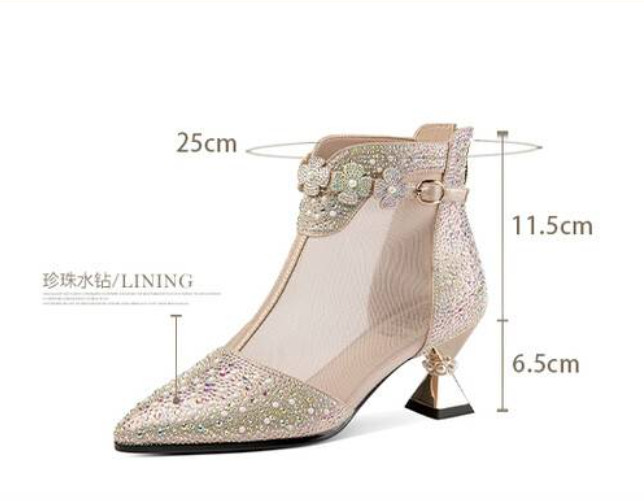 Pearls Women’s Poined Toe Mesh Rhinestone Real Leather Sandals Kitten Heels Sexy