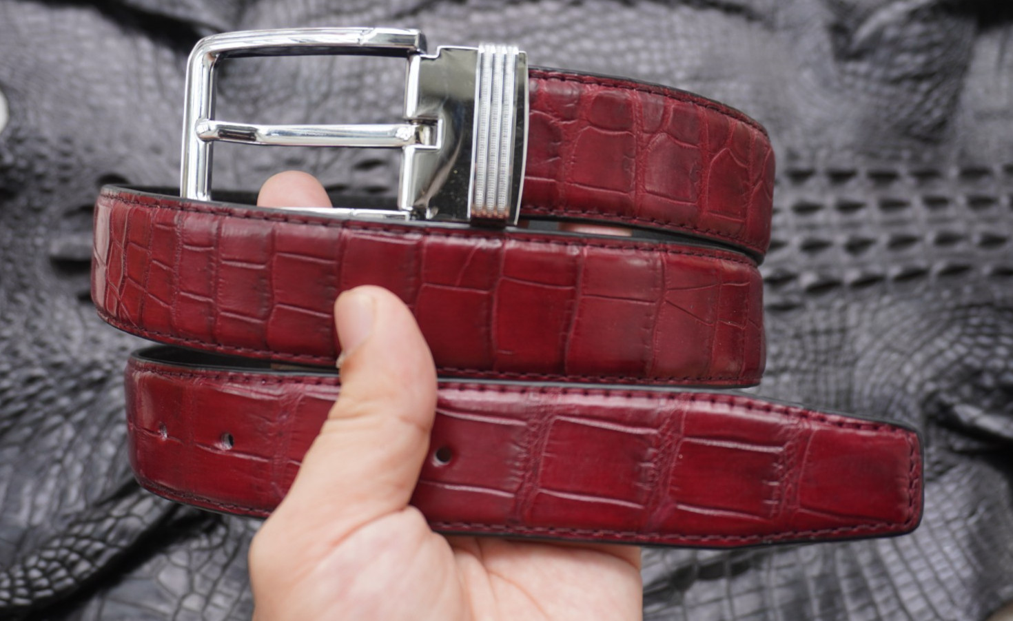W 1.3 inch- Burgundy Genuine CROCODILE Belly LEATHER Skin Men’s Belt #Y26