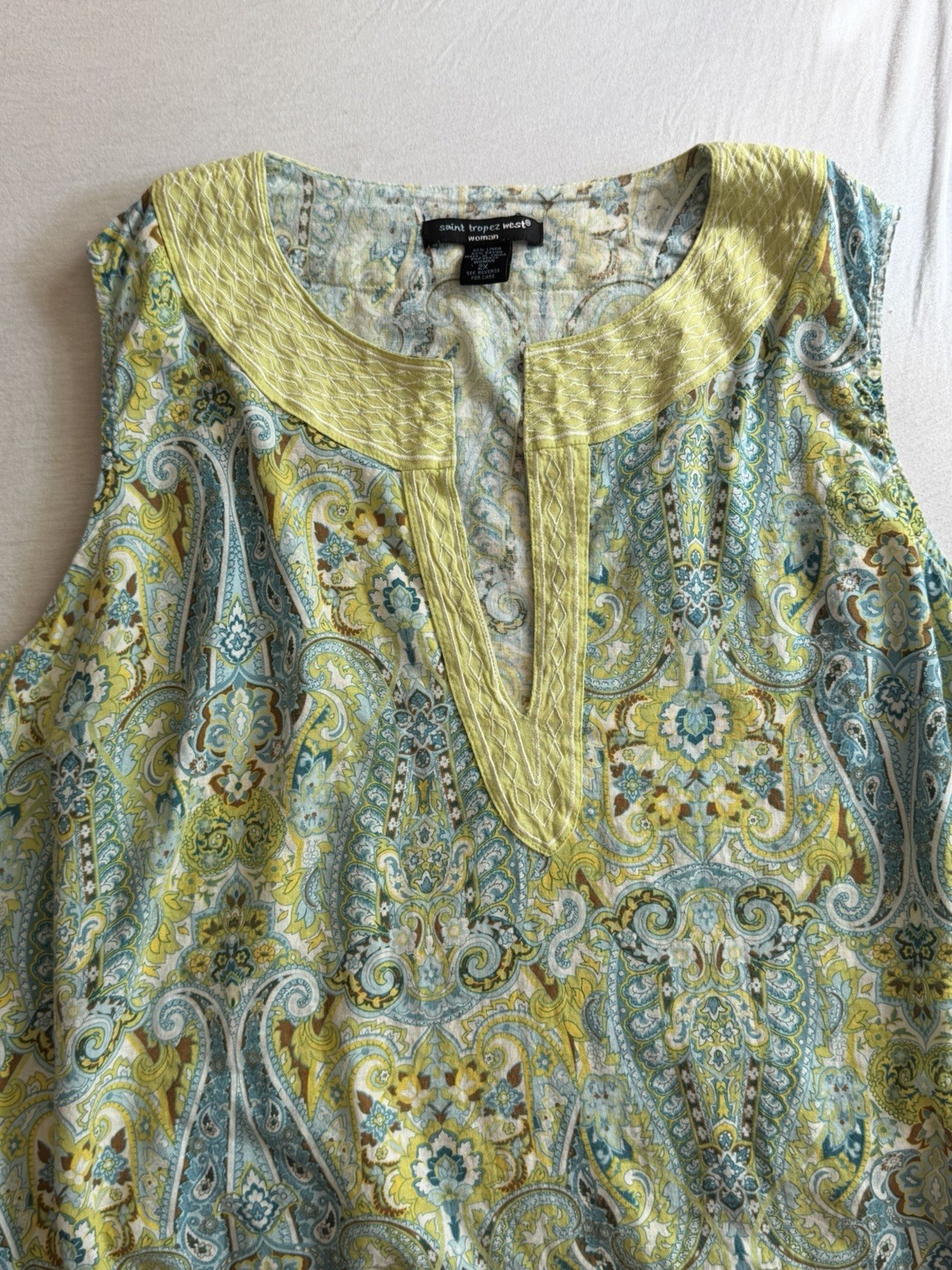 Saint Tropez West Women’s Plus 2X Paisley Sleeveless Tank Blue Green Linen