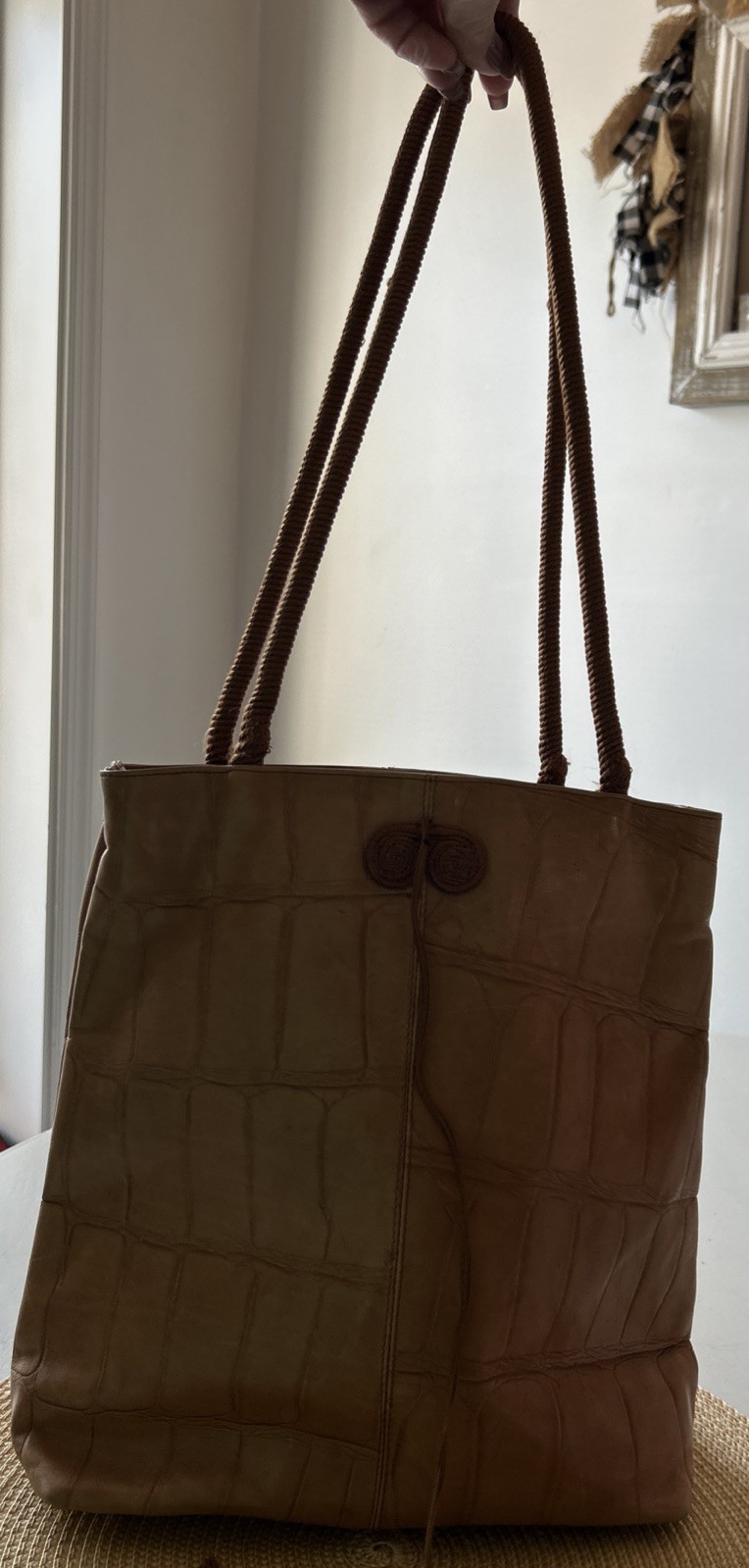 Falor Le Borse Tote Shoulder Bag Brown Crocodile Embossed Leather Italy 11”H