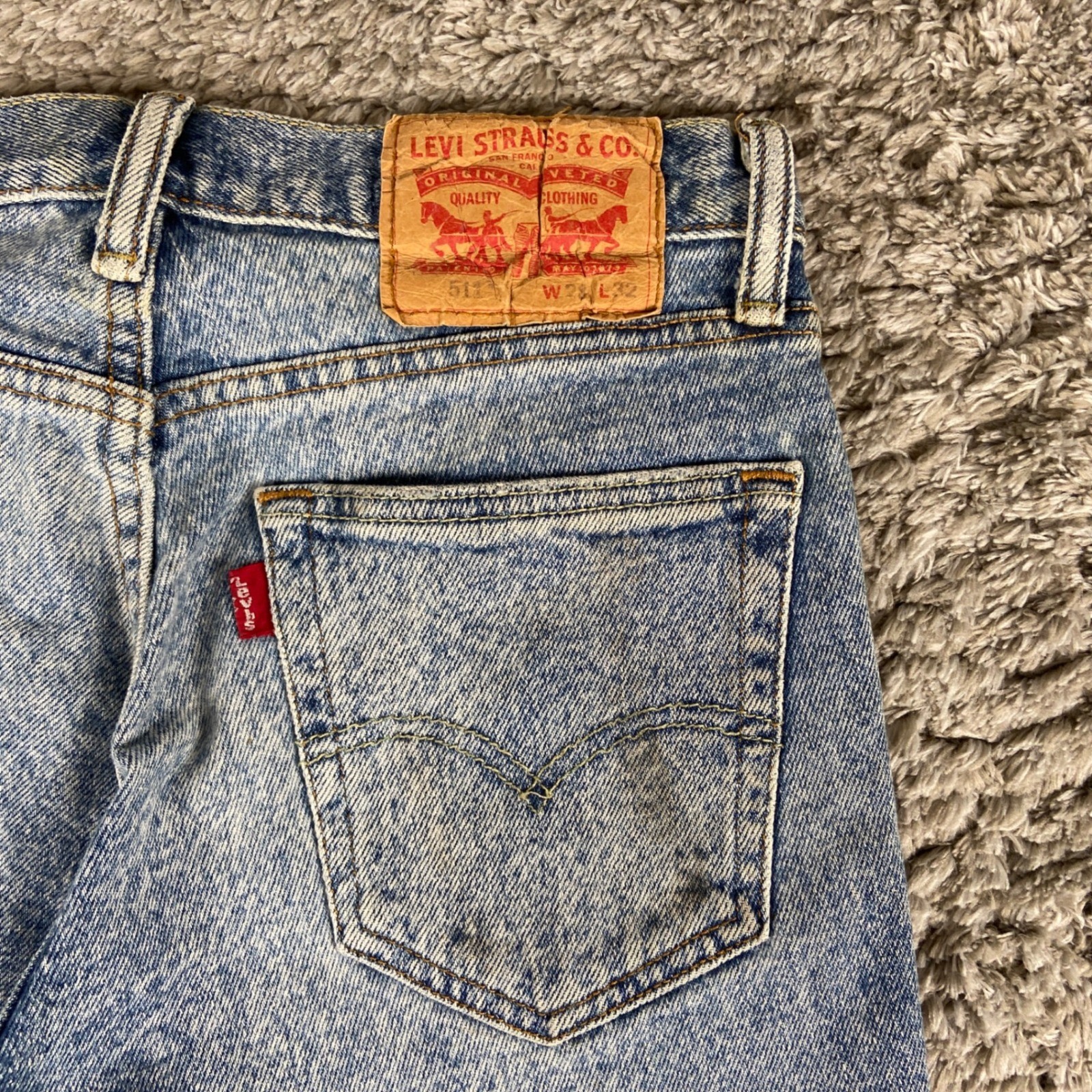 Levis 511 Jeans Mens 28×32 Light Blue Denim Patchwork Slim Fit Cotton Blend Pant