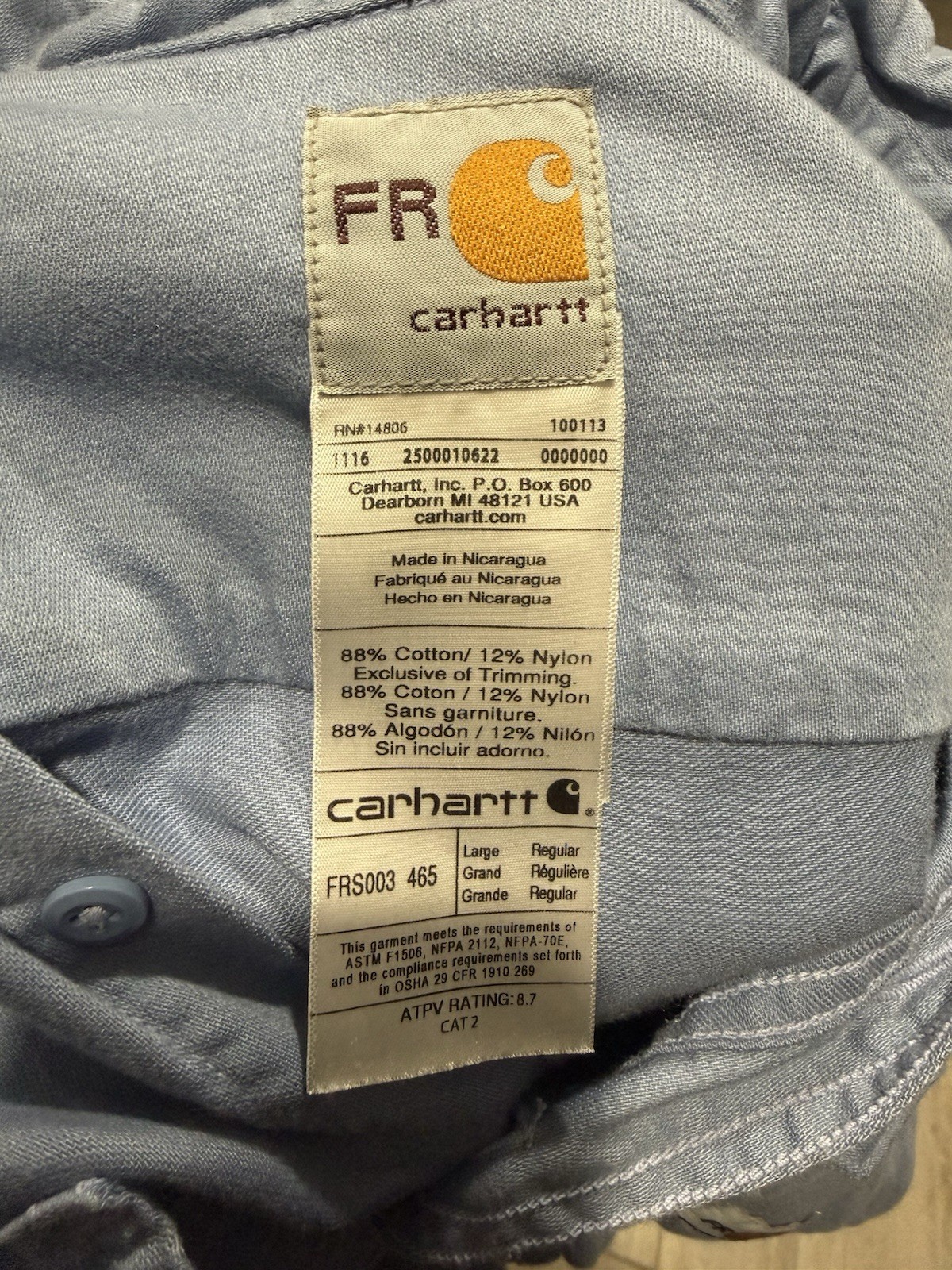 Carhartt FR Cat 2 NFPA 2112 Lightweight Blue Long Sleeve Shirt Men’s Large Reg