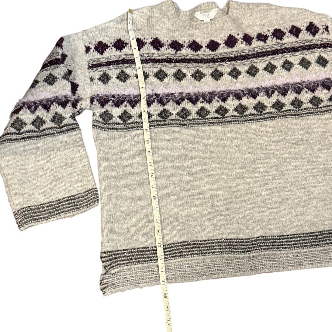 Womens Sweater Size Large Time & Tru Gray Fair Isle Sweater Crewneck Soft Knit